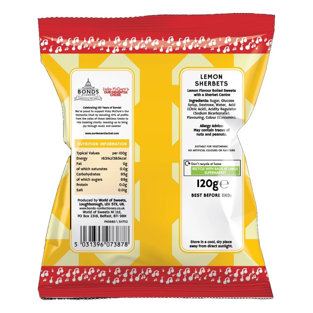 Bonds of London Lemon Sherbets 120g (Pack of 12) Retro Vegetarian Hard Sweets