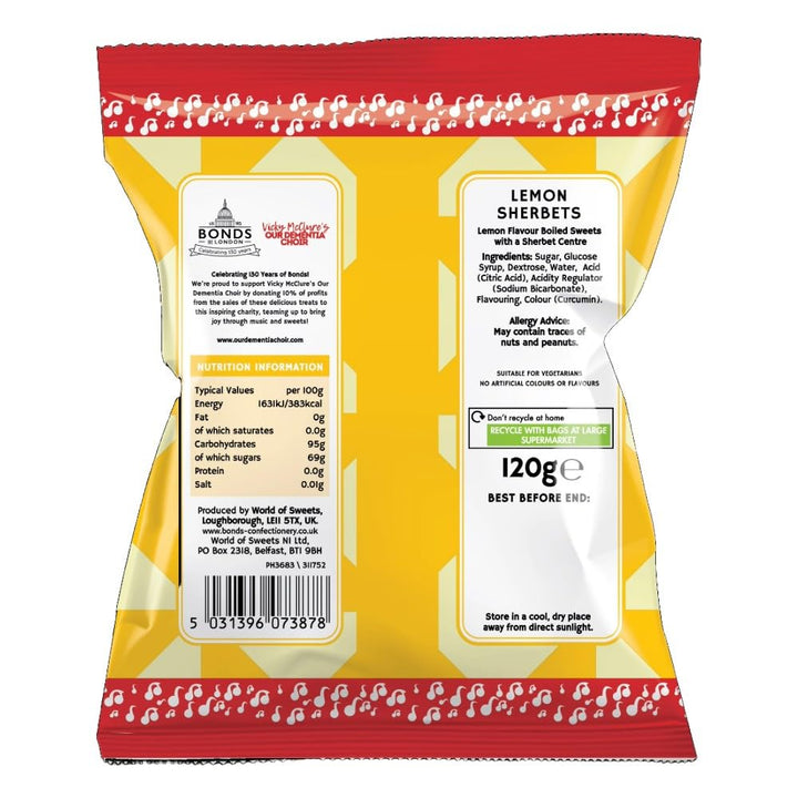 Bonds of London Lemon Sherbets 120g (Pack of 12) Retro Vegetarian Hard Sweets