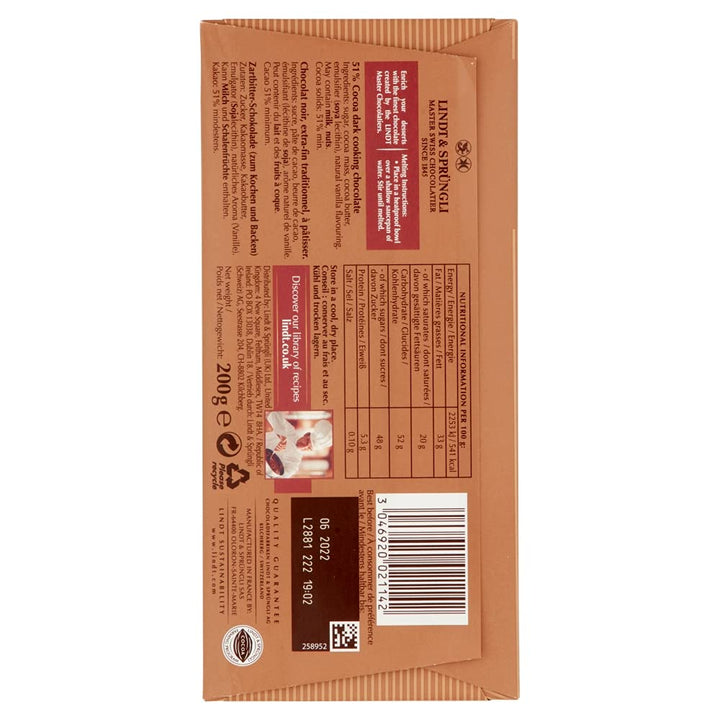 Lindt - Cooking Chocolate Bar Dark 51% Cocoa 200g