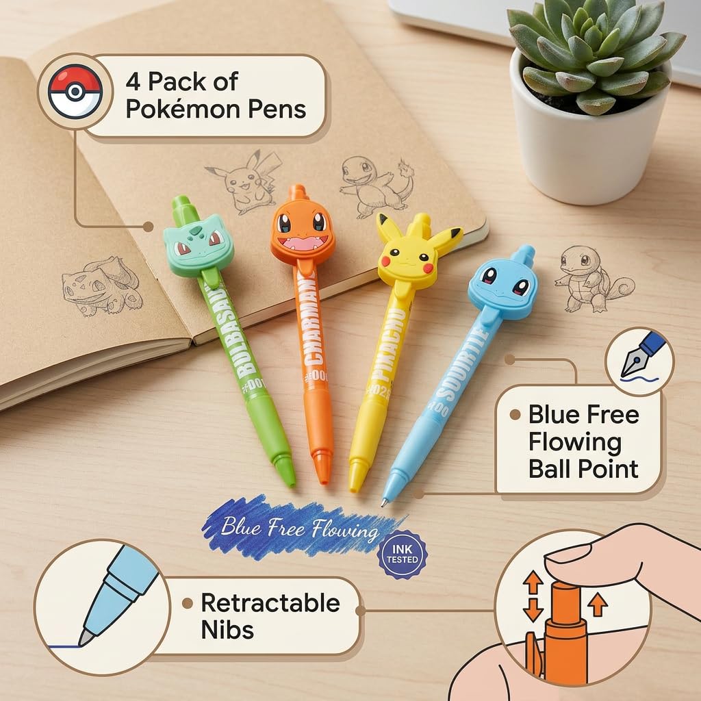 HOX Pokémon 4 Pack Ballpoint Pens - Pikachu, Charmander, Squirtle & Bulbasaur | Blue Ink 2