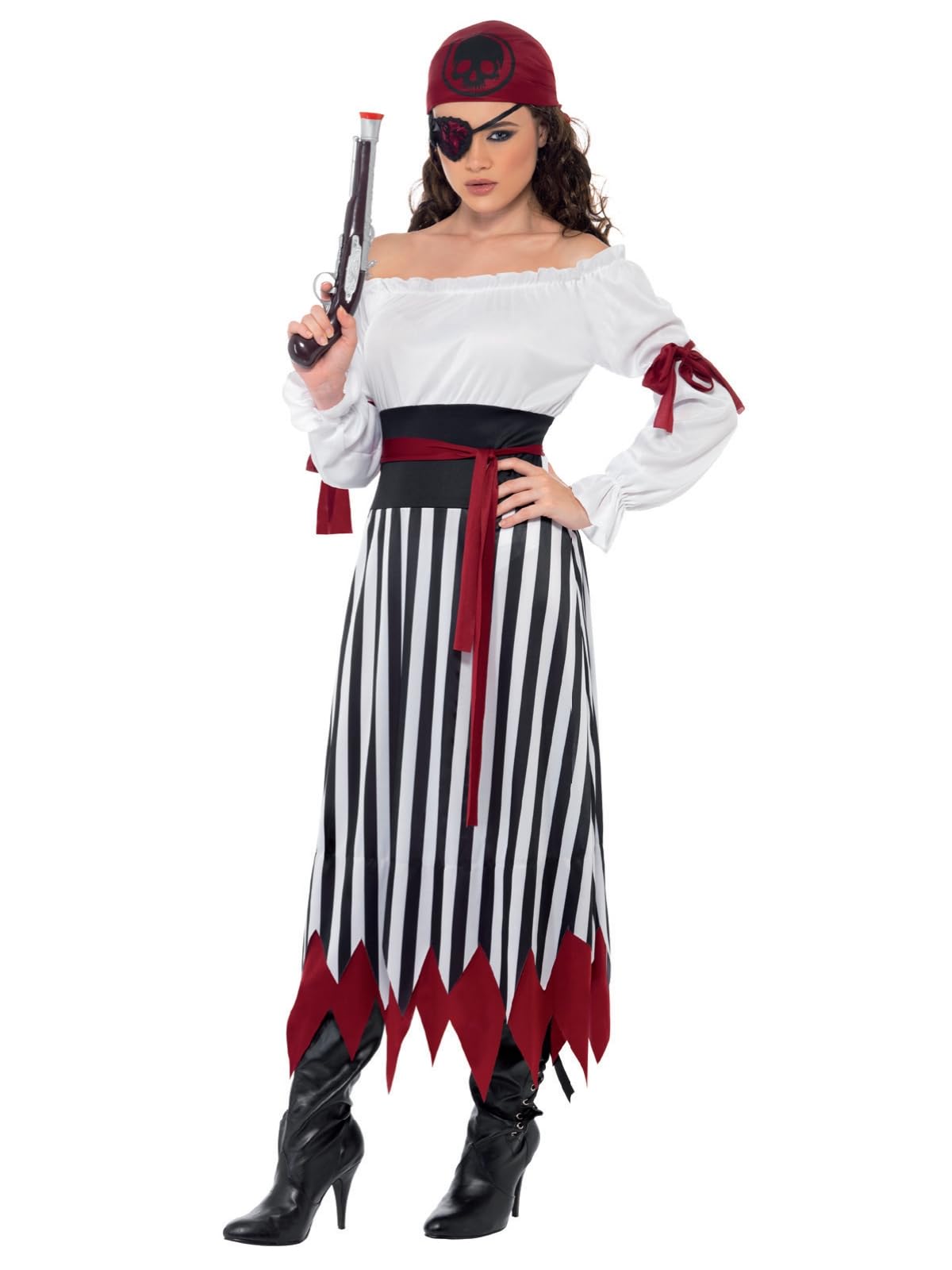 Smiffys Pirate Lady Costume - Black & White Dress with Arm Ties, Belt & Headpiece, Size L (UK 16-18) 1