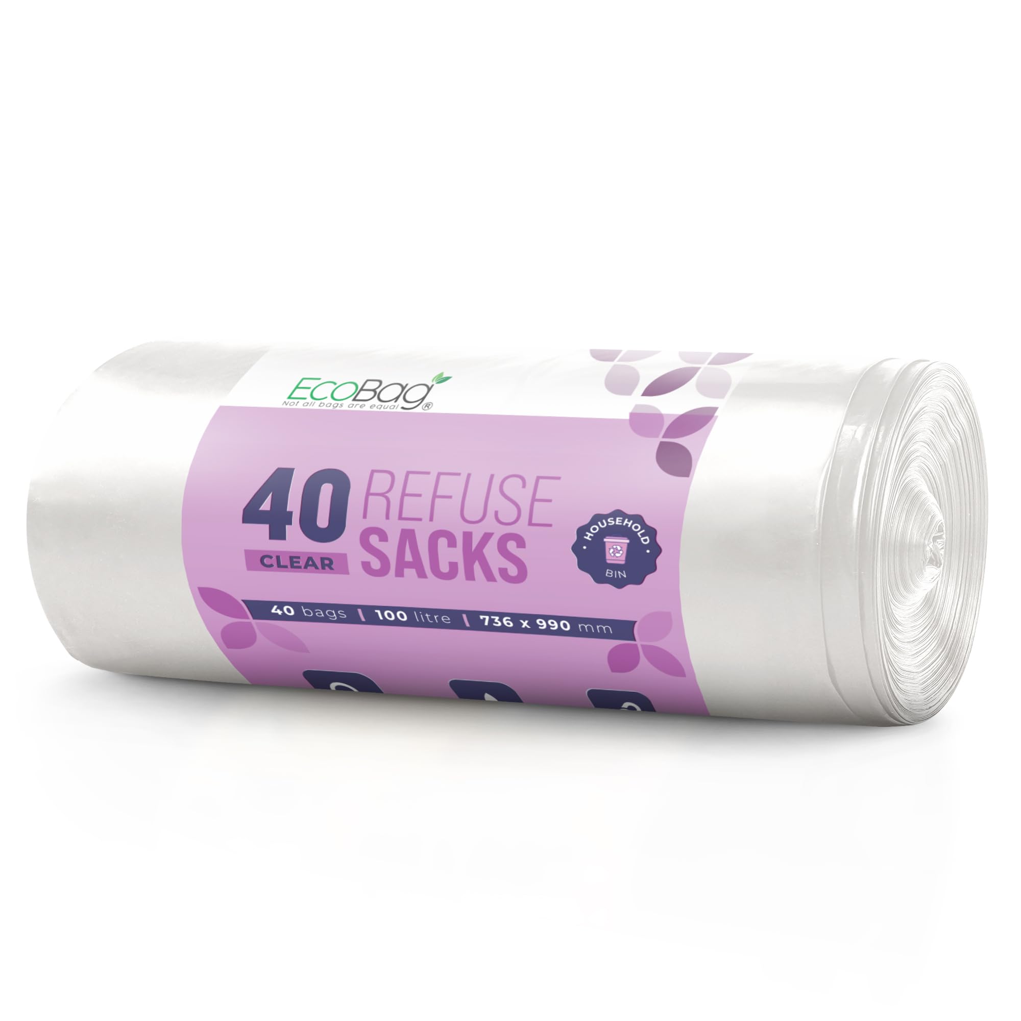 EcoBag 40 Pack Heavy Duty White Bin Liners - 100L - 22 Microns - Extra Strong 8