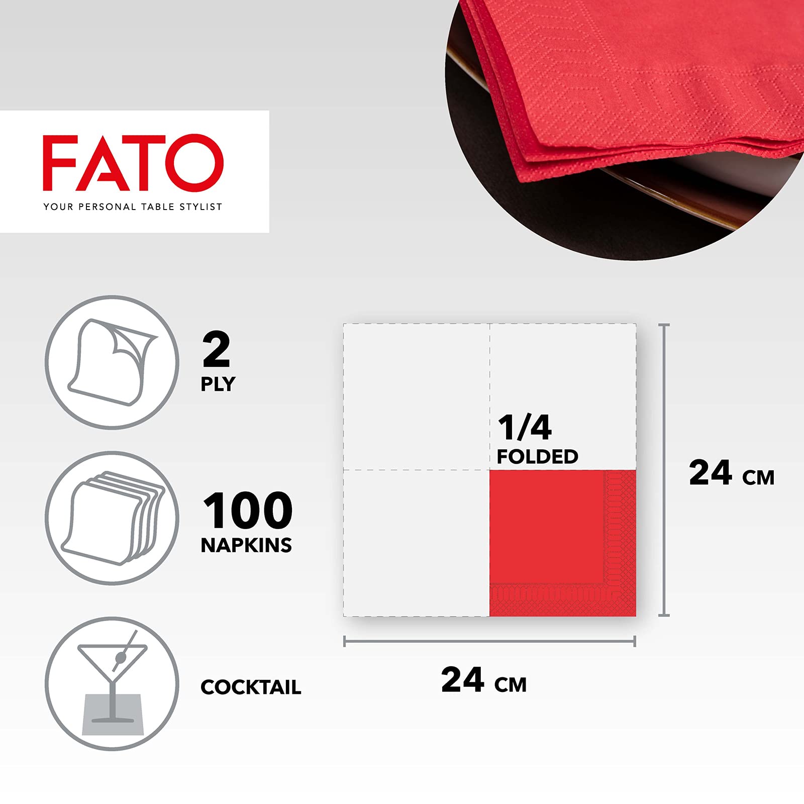 Fato Red 24x24 cm 2-Ply Disposable Paper Napkins, Pack of 100 for Aperitifs and Cocktails 13