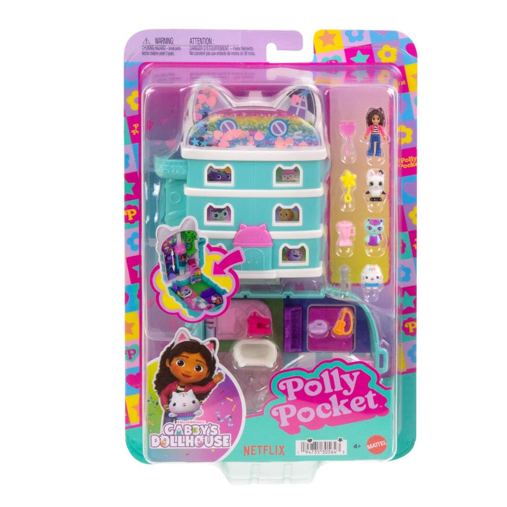 Polly Pocket x Gabby's Dollhouse Playset - 15-Piece Interactive Compact with Doll & Kitty Friends