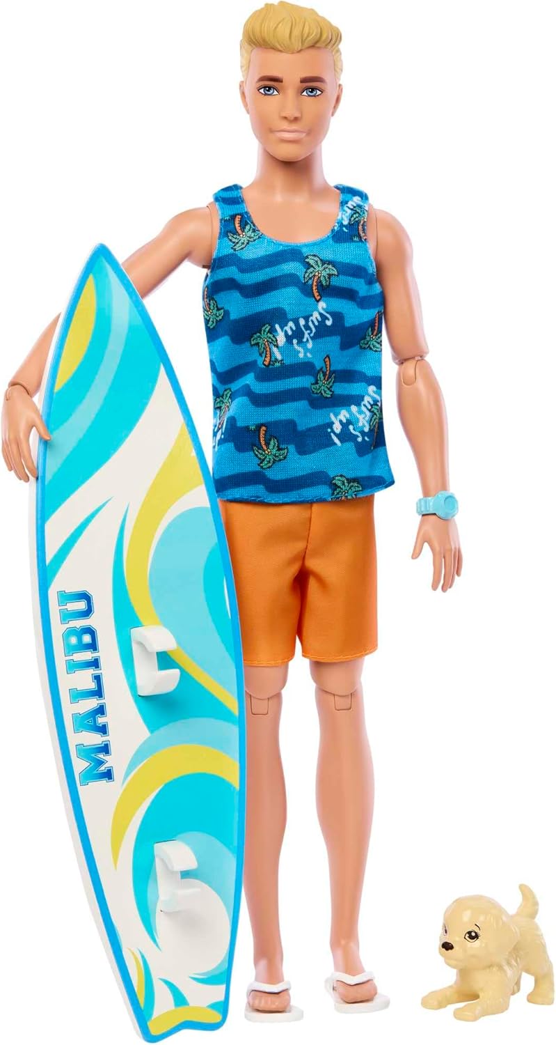Ken Doll with Surfboard and Pet Puppy - Poseable Beach Playset for Kids 5+ 1