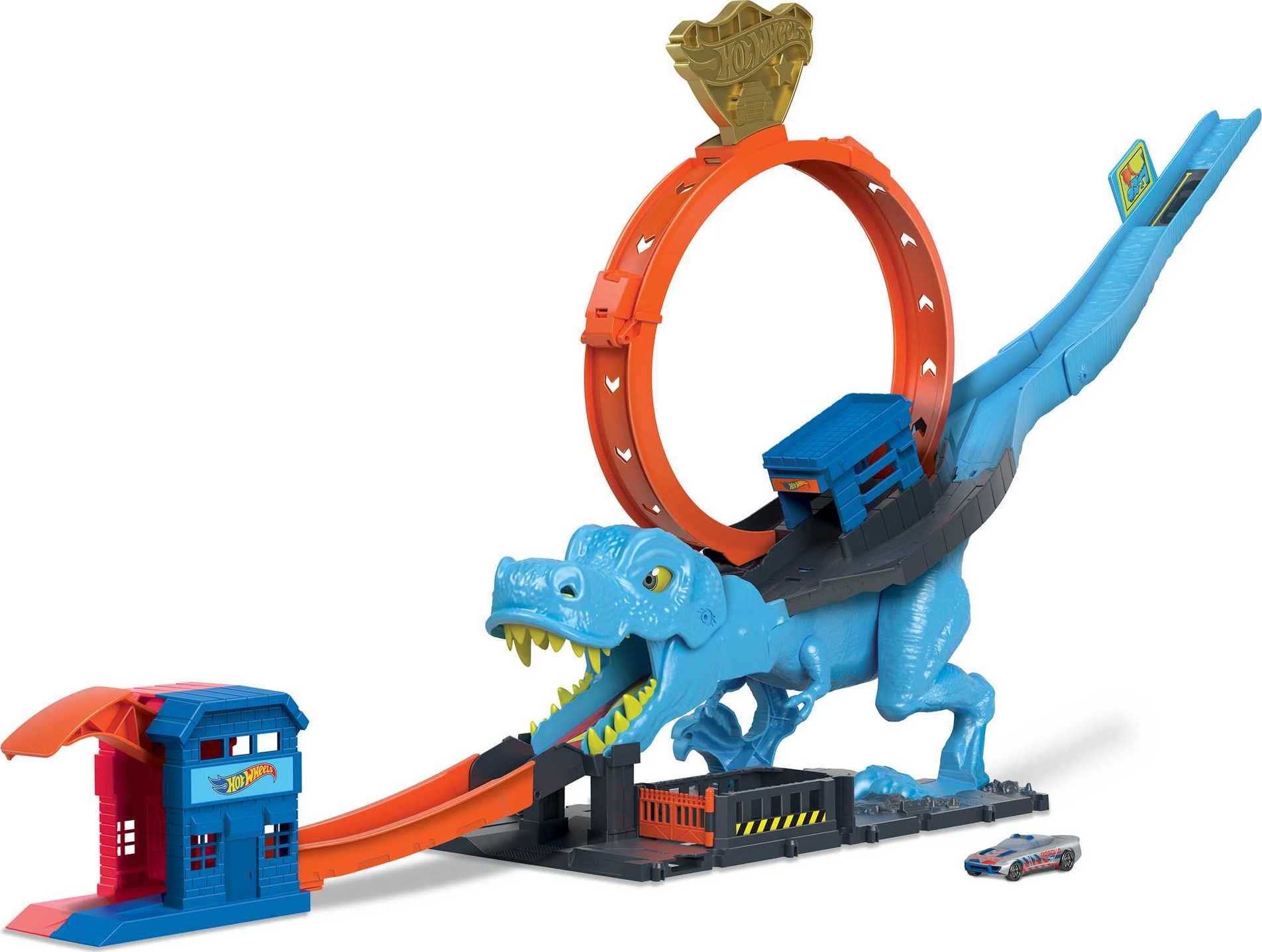 Hot Wheels City T-Rex Chomp Down Racetrack Playset - Stunt Loop with Slam Launcher & Knock-Down Dinosaur, Includes 1:64 Scale Car 1