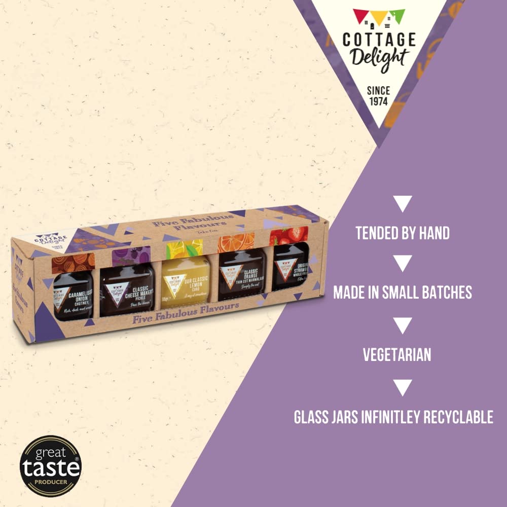 Cottage Delight Five Fabulous Flavours Gift Set - 5-Piece Collection with Caramelised Onion Chutney, Pickle, Marmalade, Lemon Curd & Strawberry Jam