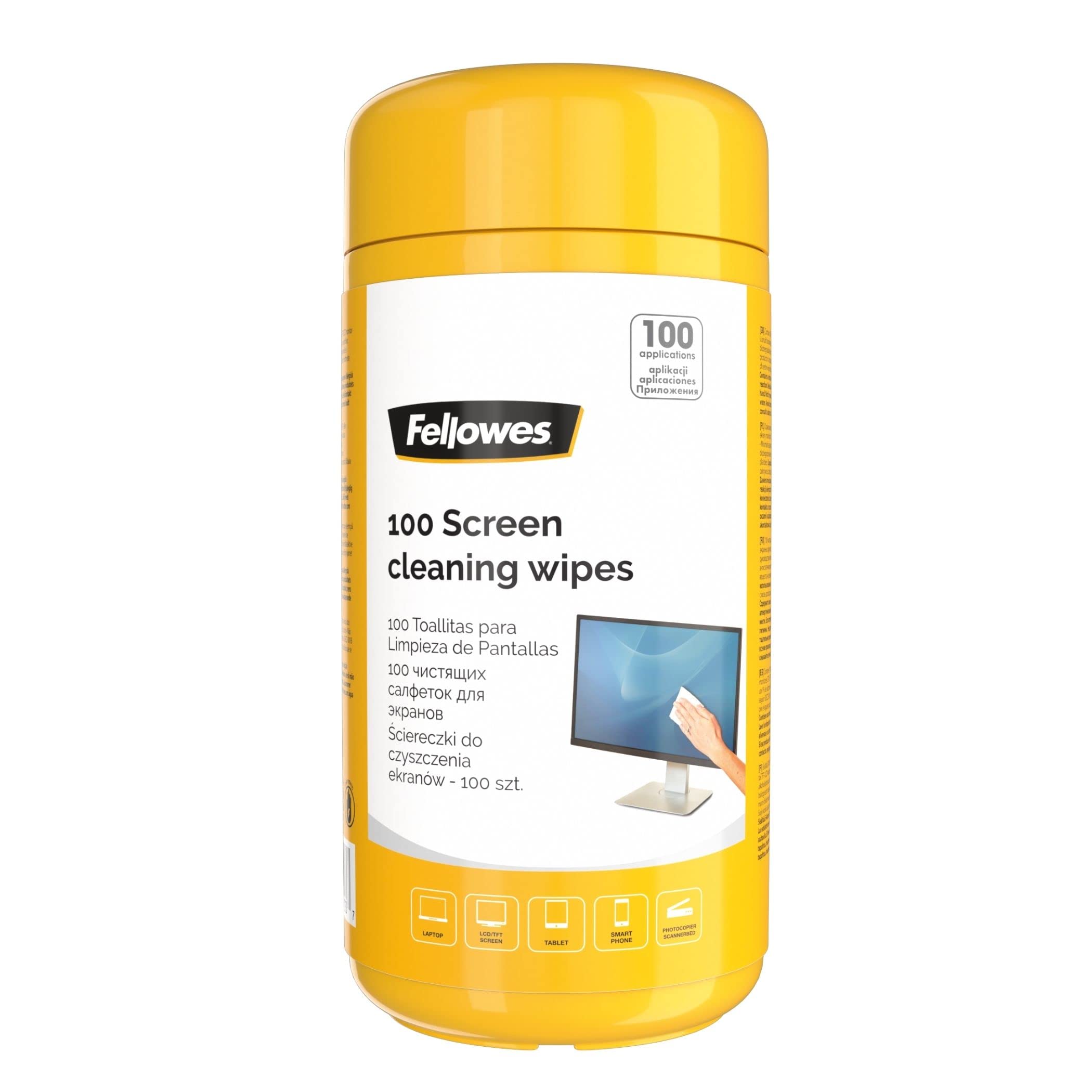 Fellowes Screen Cleaning Wipes Tub - 100 Wipes, Pack of Six | Anti-Static, Non-Streak
