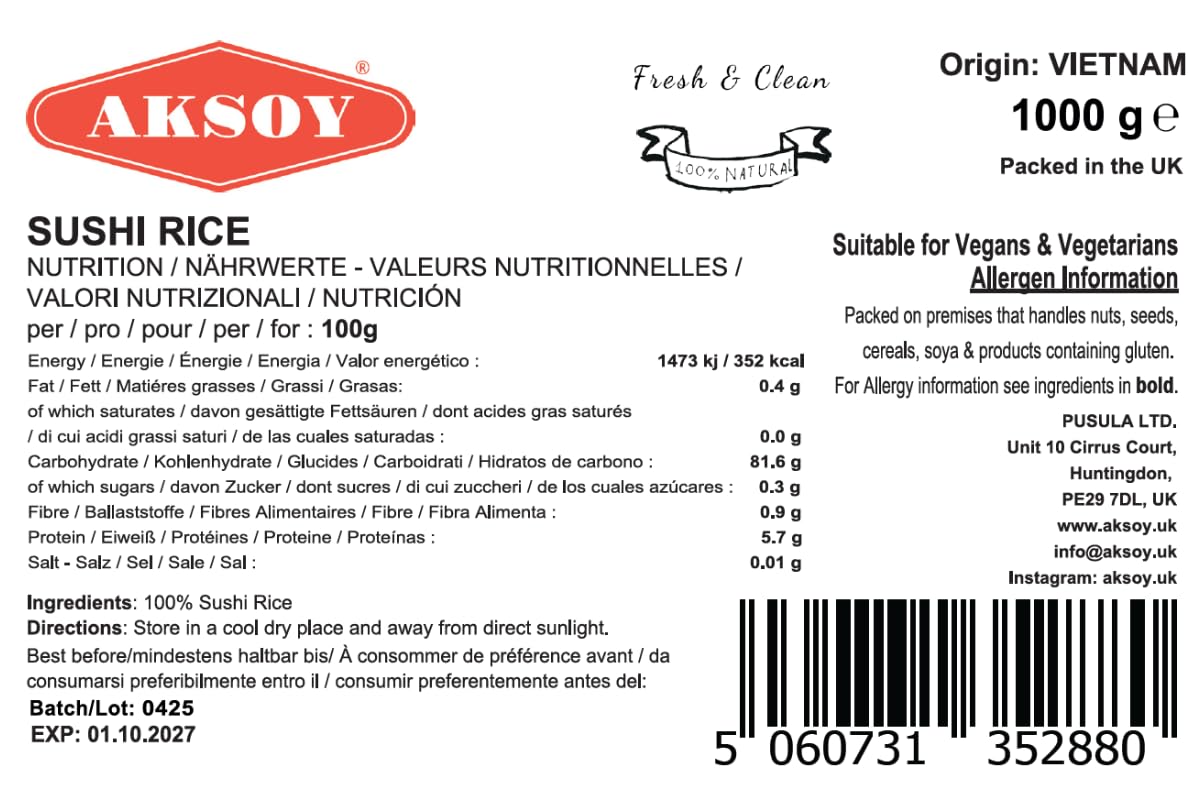 AKSOY Premium Quality Sushi Rice - 1 KG | Japanese Style Short Grain | Perfectly Sticky