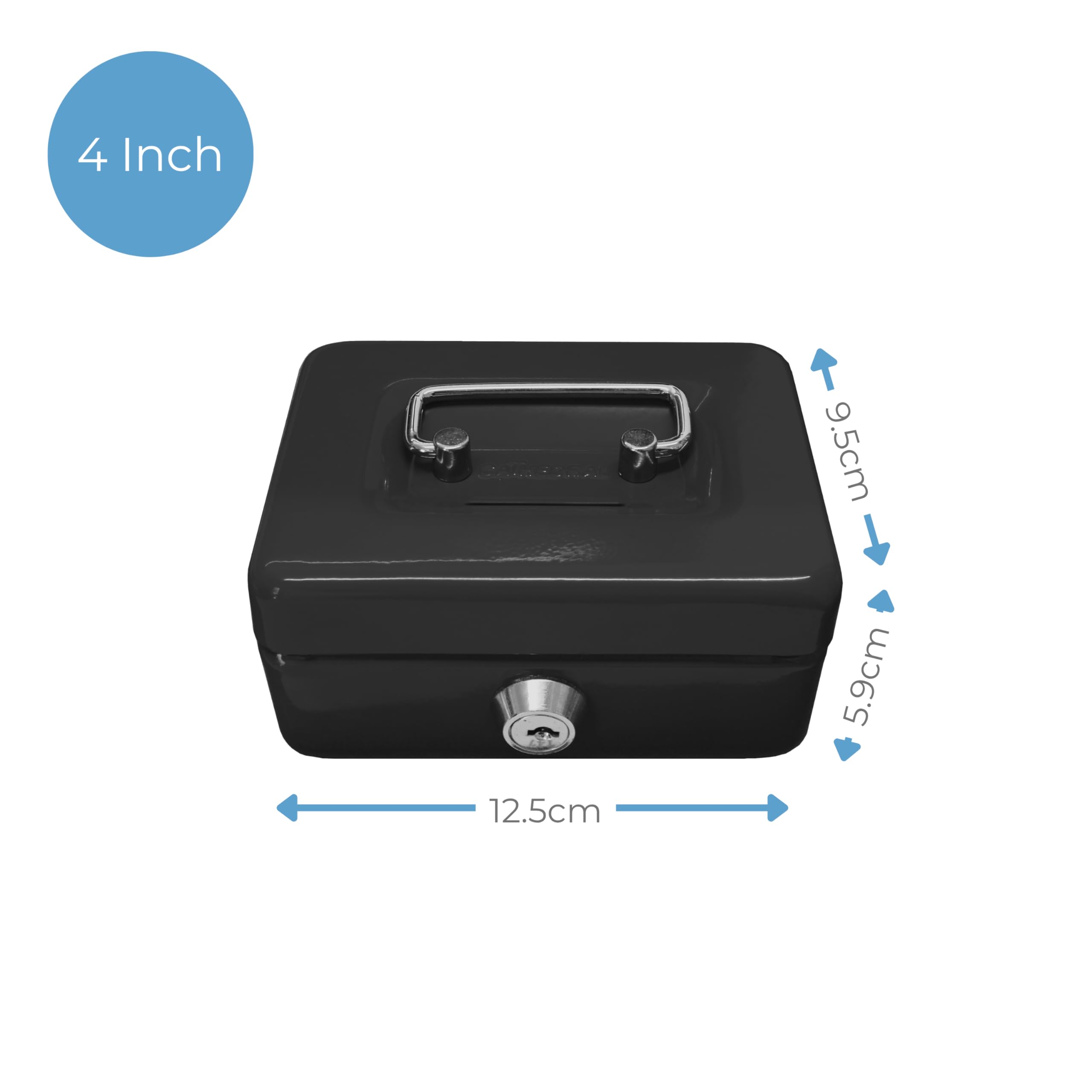 Cathedral Products Key Lockable Cash Box with 6 Compartment Coin Tray - Black | Powder Coated Steel