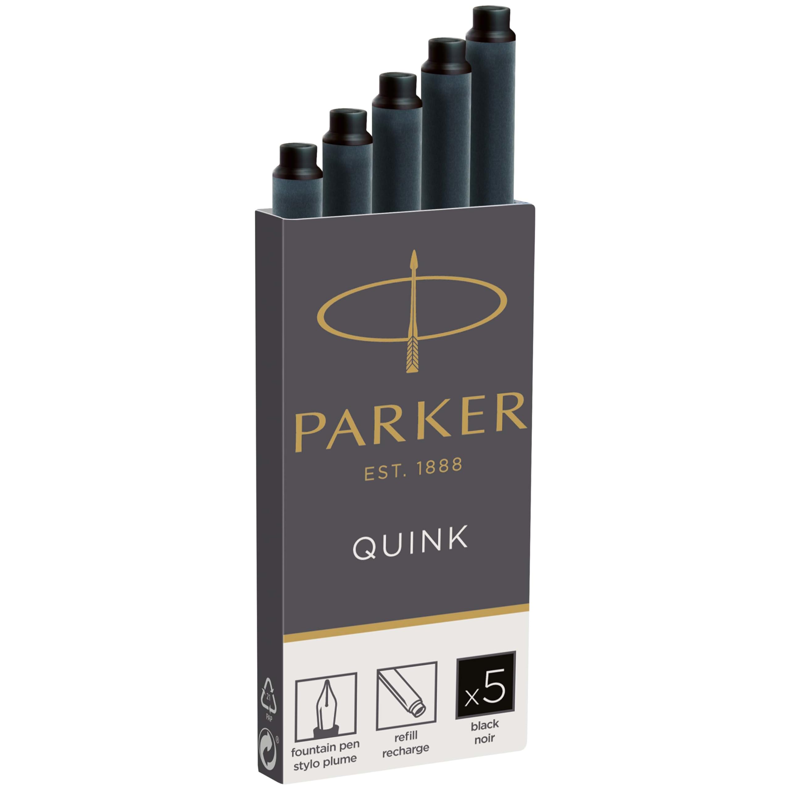 PARKER QUINK Long Fountain Pen Ink Refill Cartridges - Black Ink | 5 Count