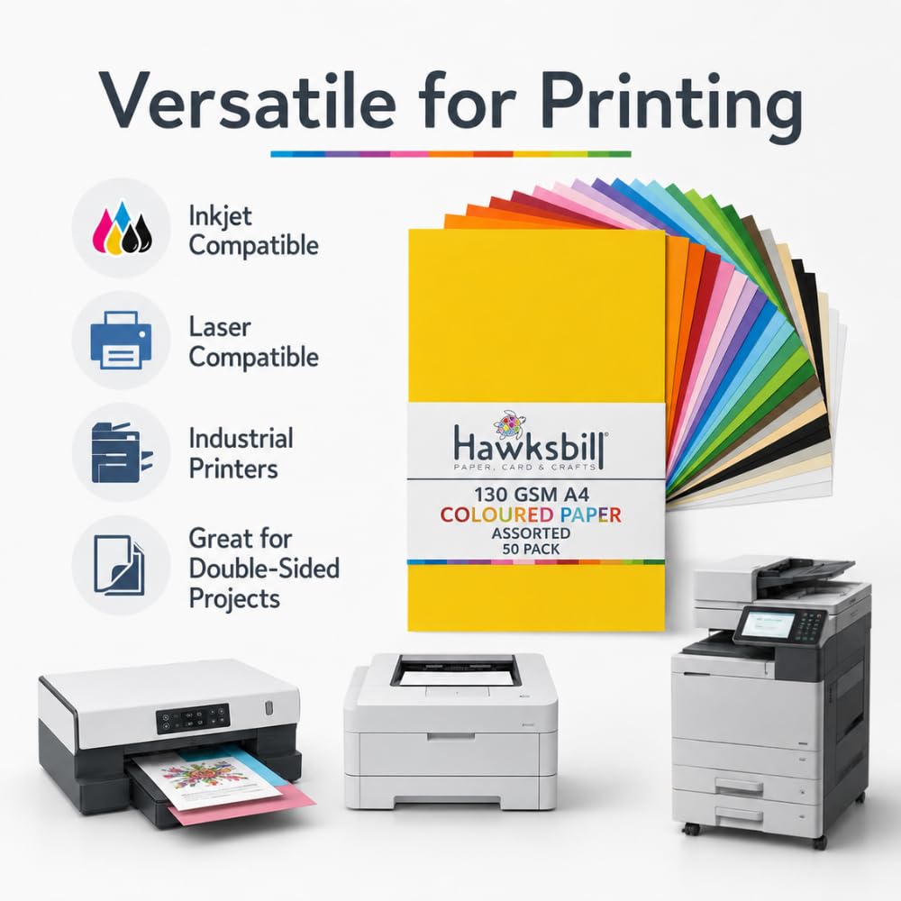 Hawksbill A4 Coloured Paper - 130GSM Premium Quality | 50 Assorted Rainbow Sheets | Ideal for Arts & Crafts 5