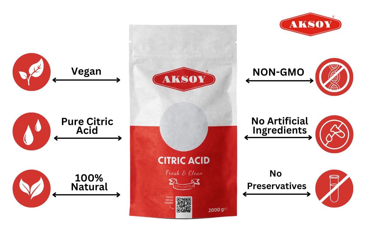 AKSOY Food Grade Citric Acid - Non-GMO De-Scaler & Cleaner | 2 kg Granule 7