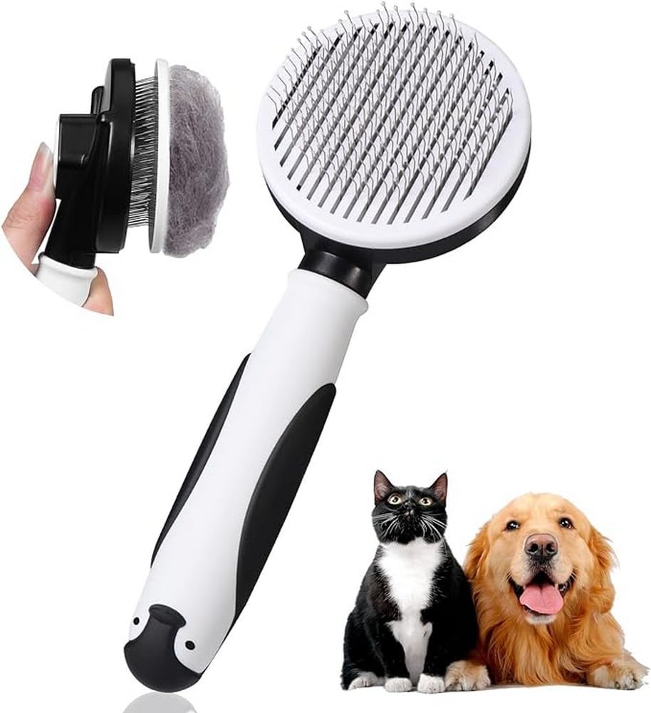 Vinabo Pet Grooming Brush - 2-in-1 Hair Removal & Massage Tool with Self-Cleaning Button | Black