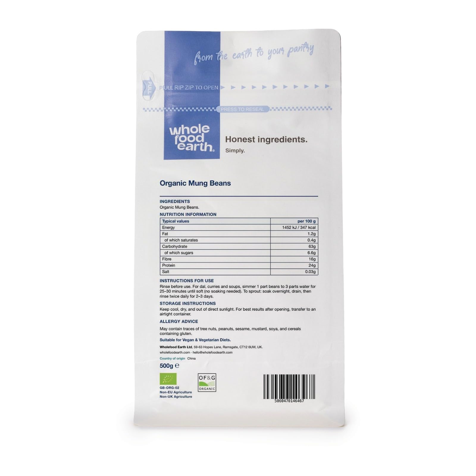 Wholefood Earth Organic Mung Beans - High Fibre & Protein | GMO Free | 500g