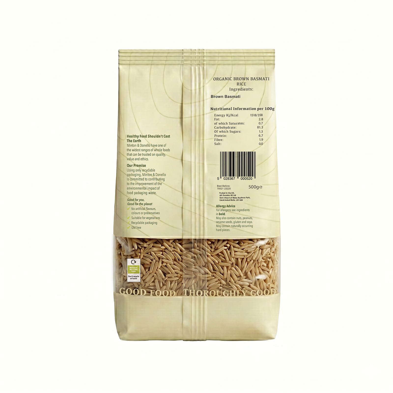 Mintons Good Food Organic Brown Basmati Rice - 500g Whole Grain | Low Fat & Low Calorie