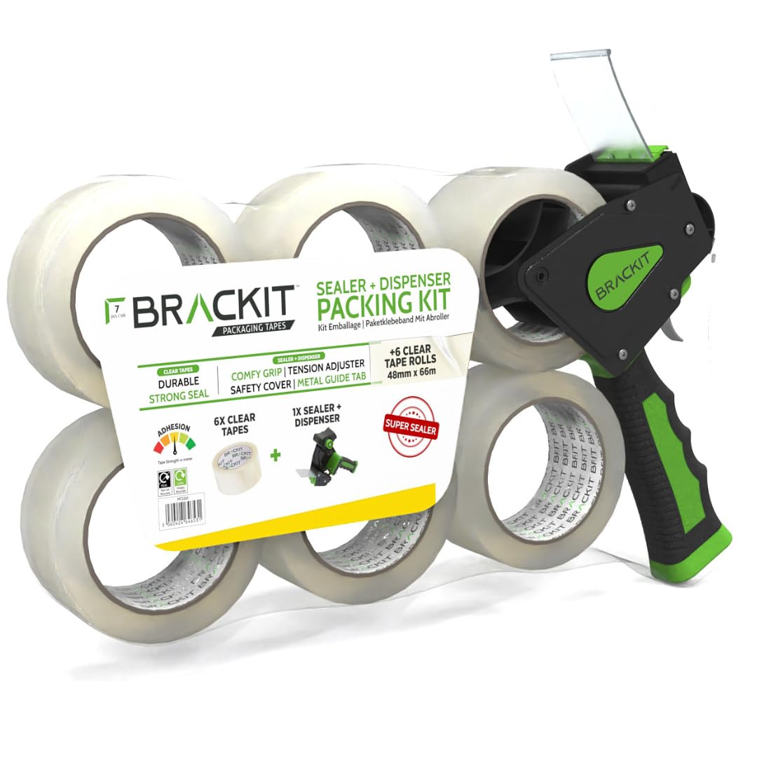 brackit Packaging Tape Dispenser Kit - 6 Rolls Clear Tape 48mm x 66m Heavy Duty | High Adhesion