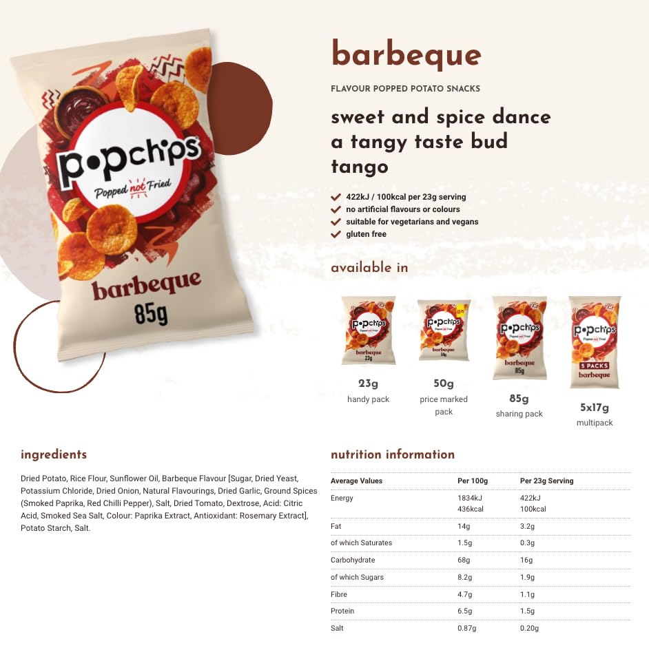 Popchips Barbeque Sharing Crisps - Popped Not Fried | 8 Pack of 85g Bags