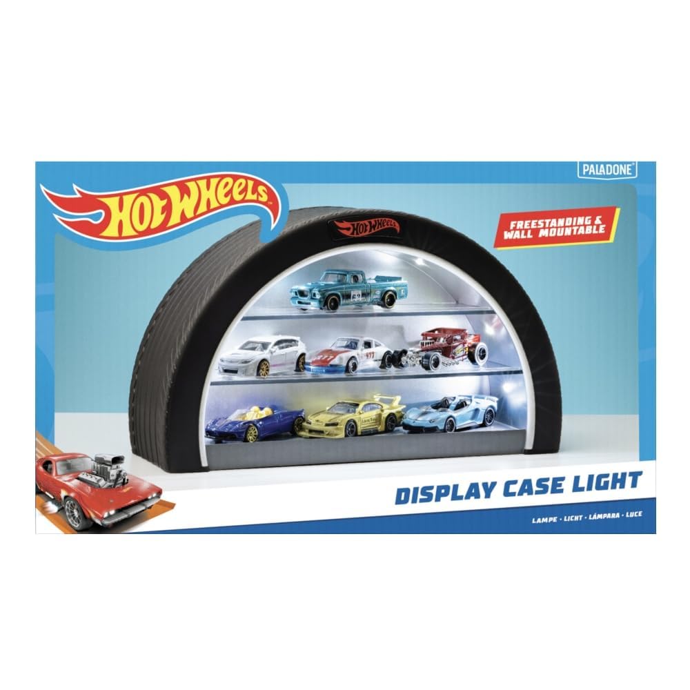 Paladone Hot Wheels Tyre Display Case Light - Holds 8 Cars | LED Illuminated | Wall Mountable or Freestanding