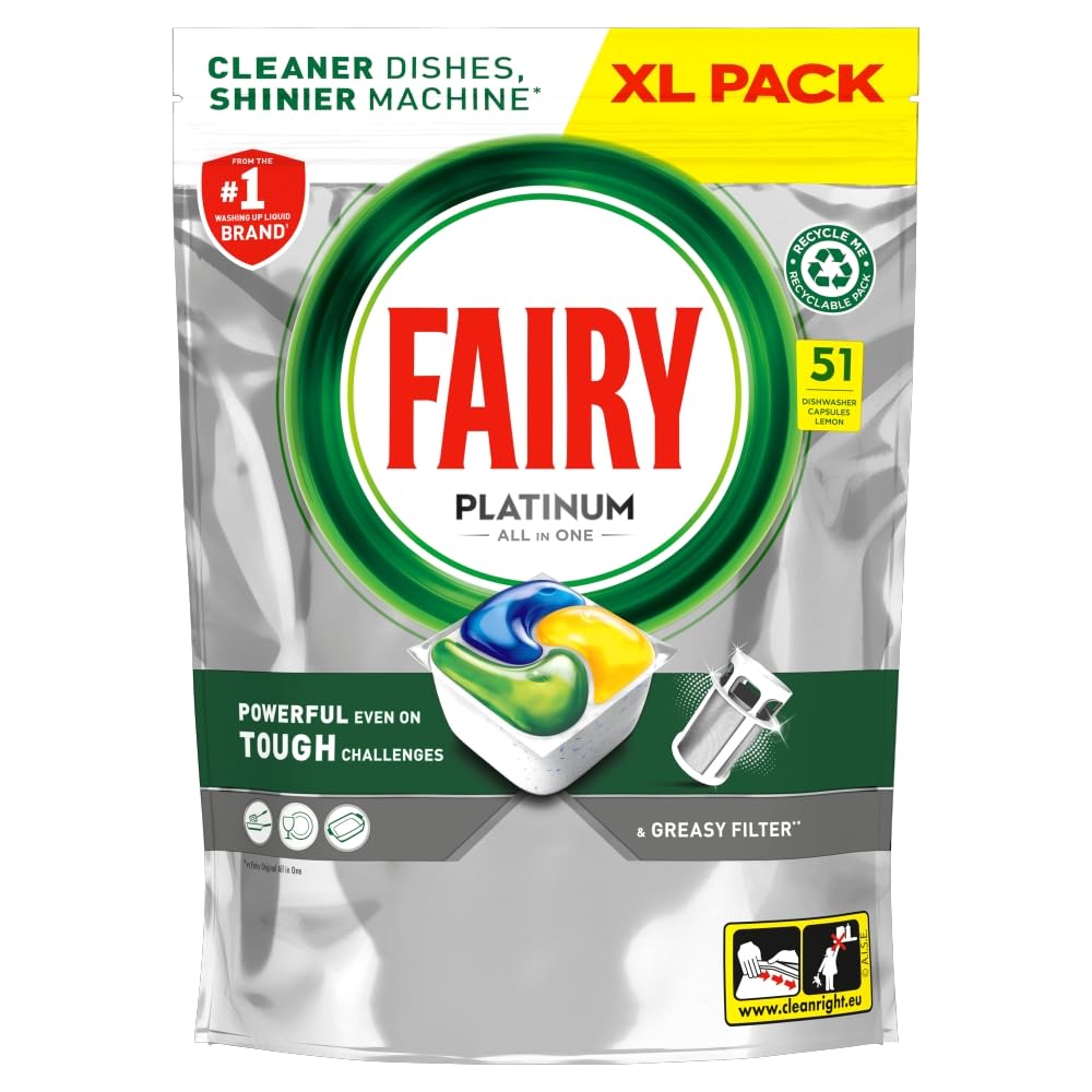 Fairy Platinum Lemon All-In-1 Dishwasher Detergent Tablets - 51 Count Bulk Pack | Grease Prevention 1