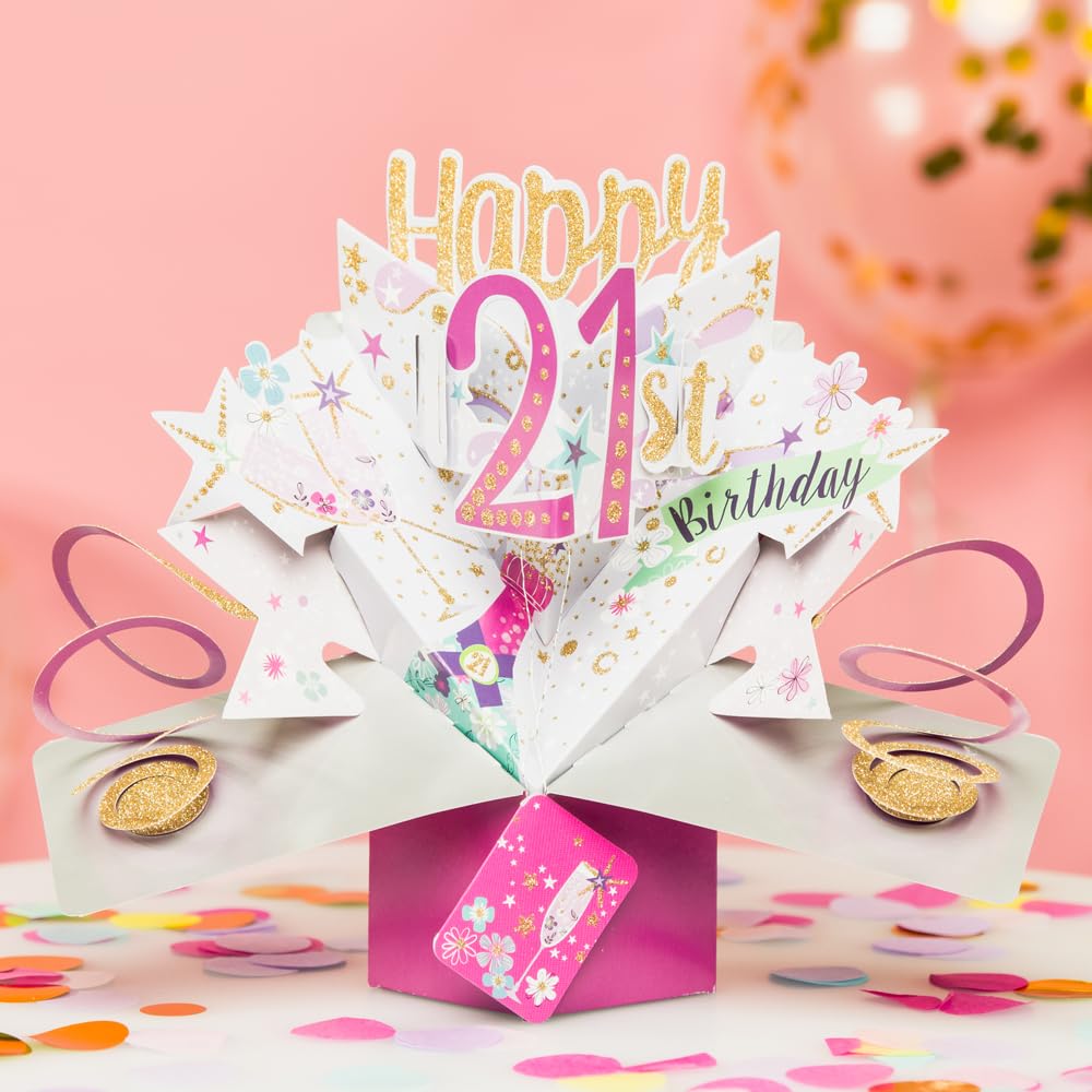 Second Nature Pop Ups 21st Birthday Champagne Bottle 3D Pop-Up Greeting Card | Pink