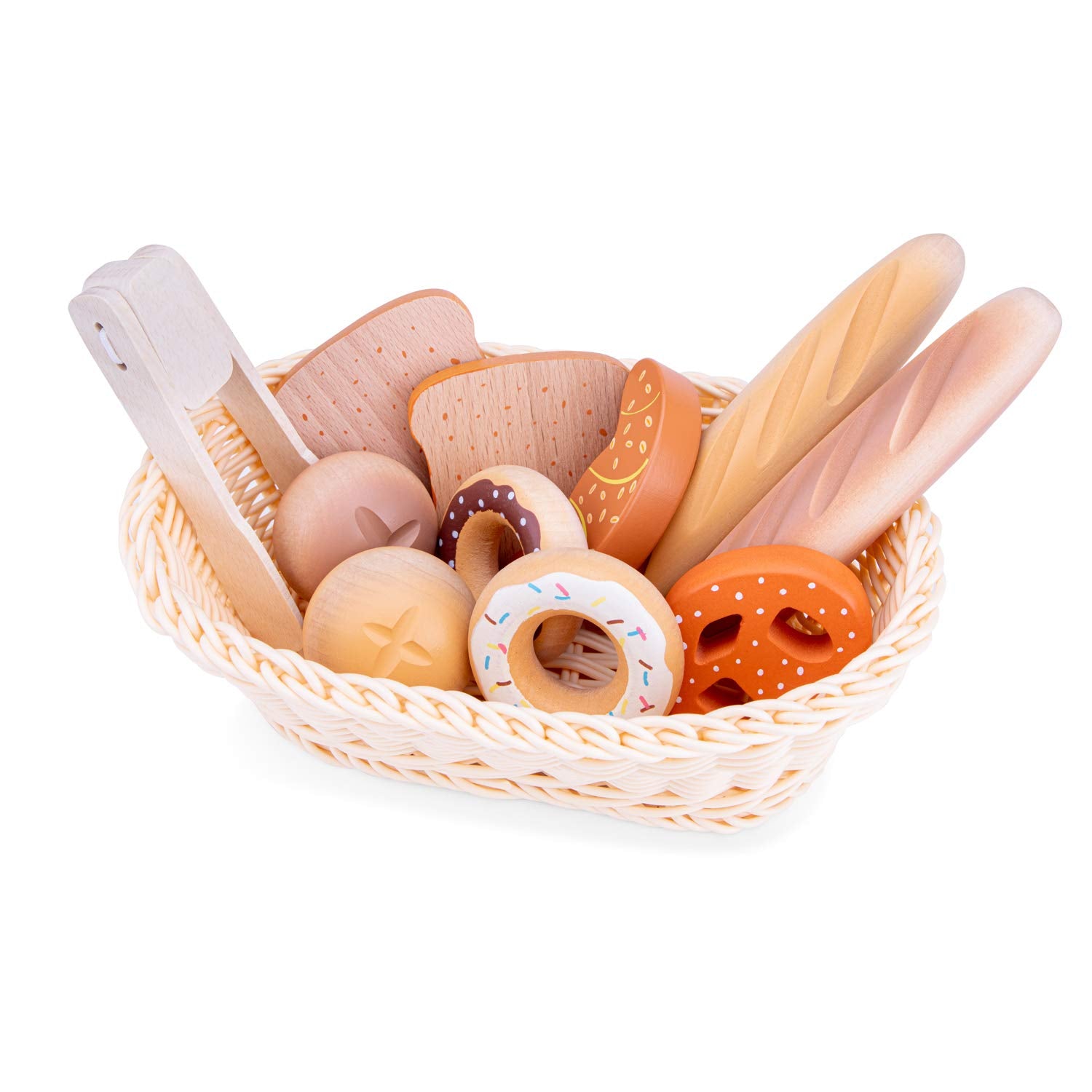 New Classic Toys Bread Basket with Wooden Bread Pieces for Pretend Play Kitchen | Ages 2+ | Wood