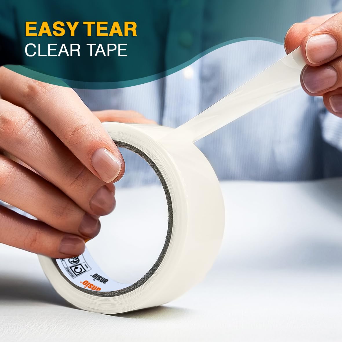 ANSIO Easy Tear Clear Cello Tape - 24mm x 50m Rolls | Pack of 6 | Transparent Office Tape 2