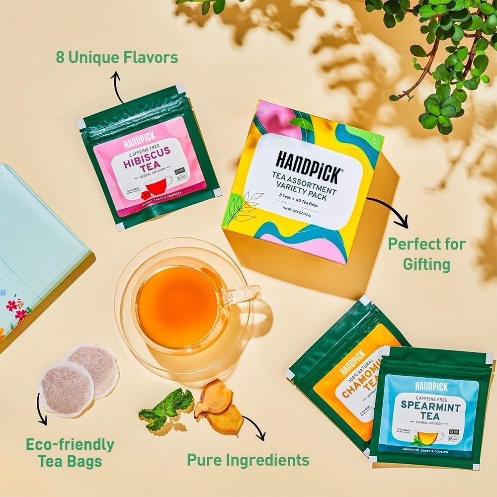 HANDPICK Tea Sampler Gift Box - 8 Flavors, 40 Tea Bags | English Breakfast, Green, Herbal 4