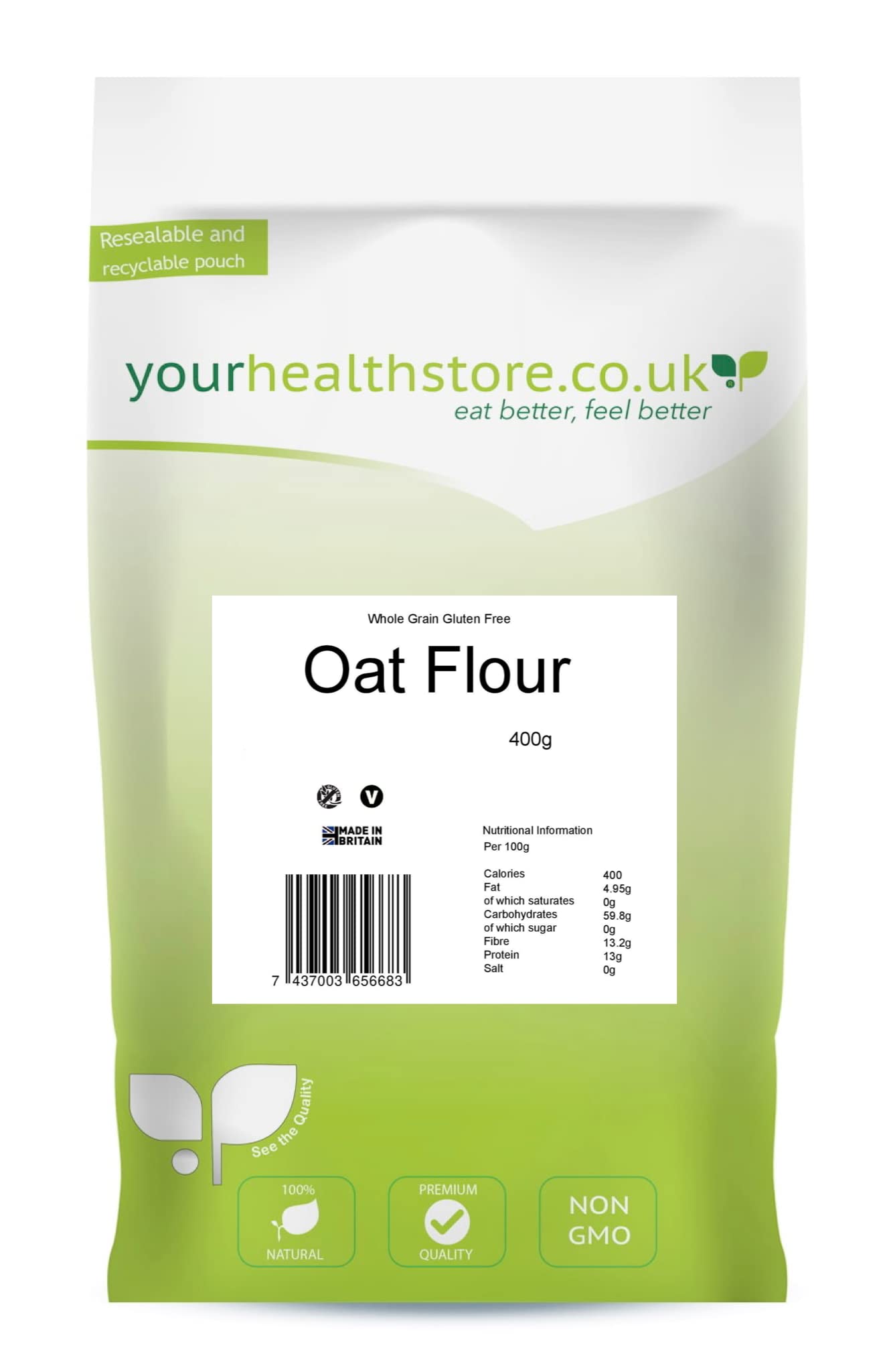 yourhealthstore Premium Whole Grain Oat Flour - Gluten Free, Wheat Free | 400g