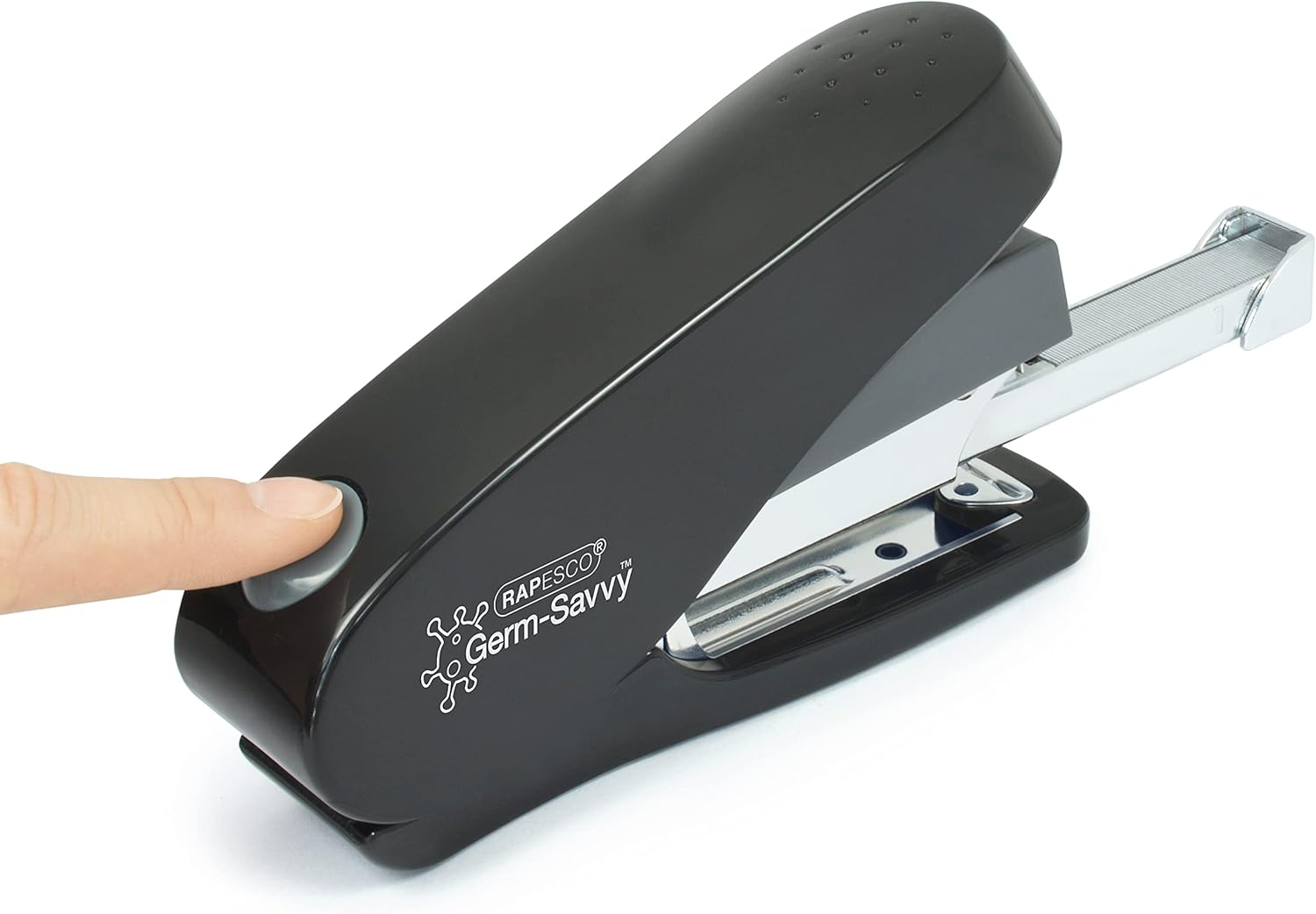 Rapesco 1466 Germ-Savvy Antibacterial, Luna-Less Effort ECO Front Loading Stapler & 2,000 Staples, Black