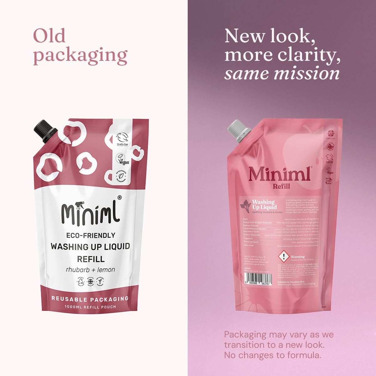 Miniml Eco Washing Up Liquid Refill - 1L Wild Rhubarb & Lemon | Plant-Powered, Skin Sensitive