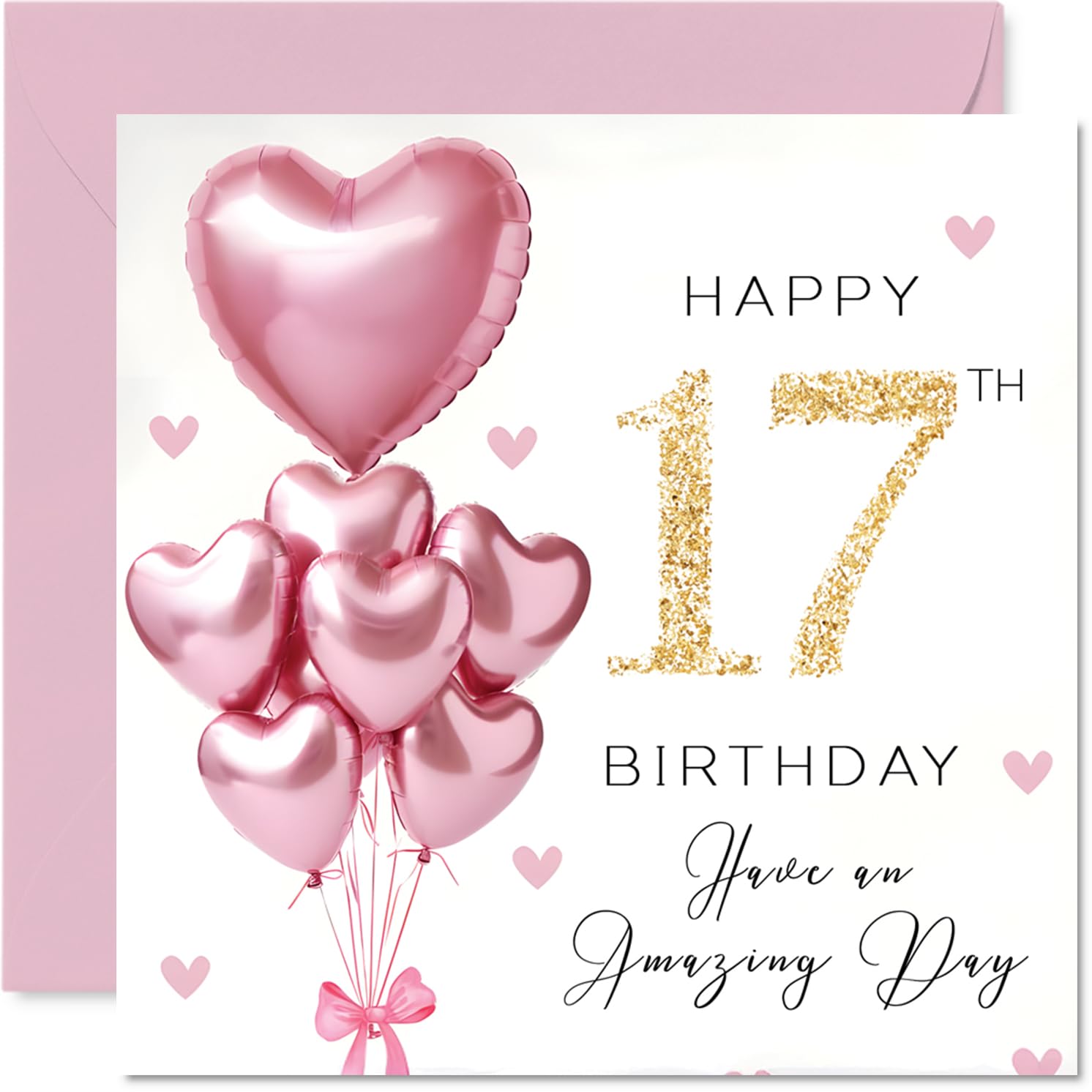 Stuff4 17th Birthday Card for Girls - Pink Glitter Balloons Design | 145mm Square | Blank Inside