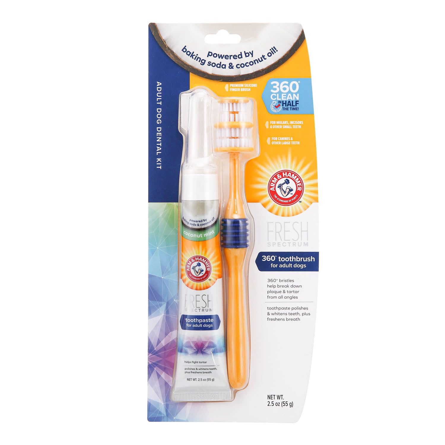ARM & HAMMER Fresh Spectrum Coconut Dental Kit for Dogs - Cleans Teeth & Freshens Breath | Includes 360° Toothbrush, Finger Brush & Coconut Mint Toothpaste