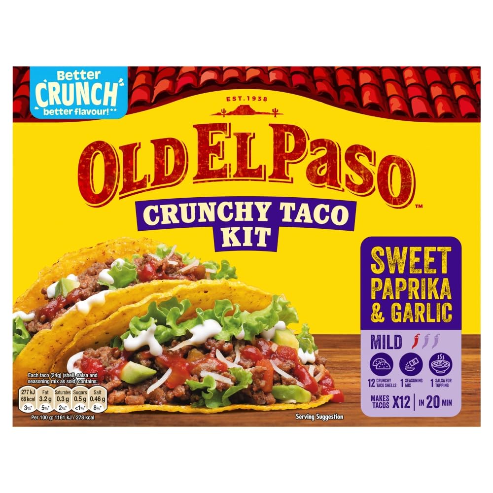 Old El Paso Paprika & Garlic Crunchy Taco Kit - 12 Taco Shells, Seasoning Mix & Salsa - Mild Chilli - 287g