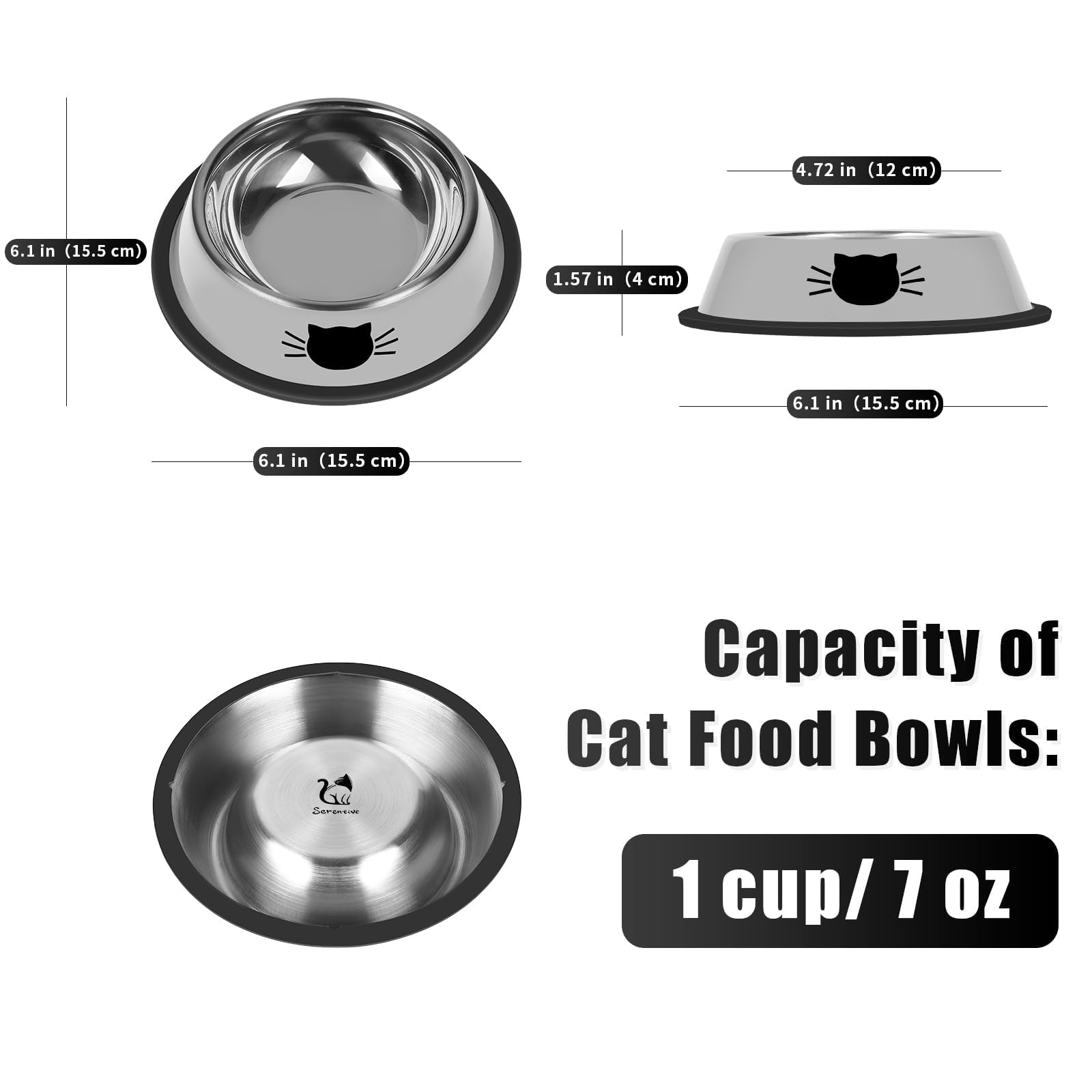 Serentive Stainless Steel Cat Food Bowls - Set of 2, 7 oz Capacity, Non-Slip Rubber Base