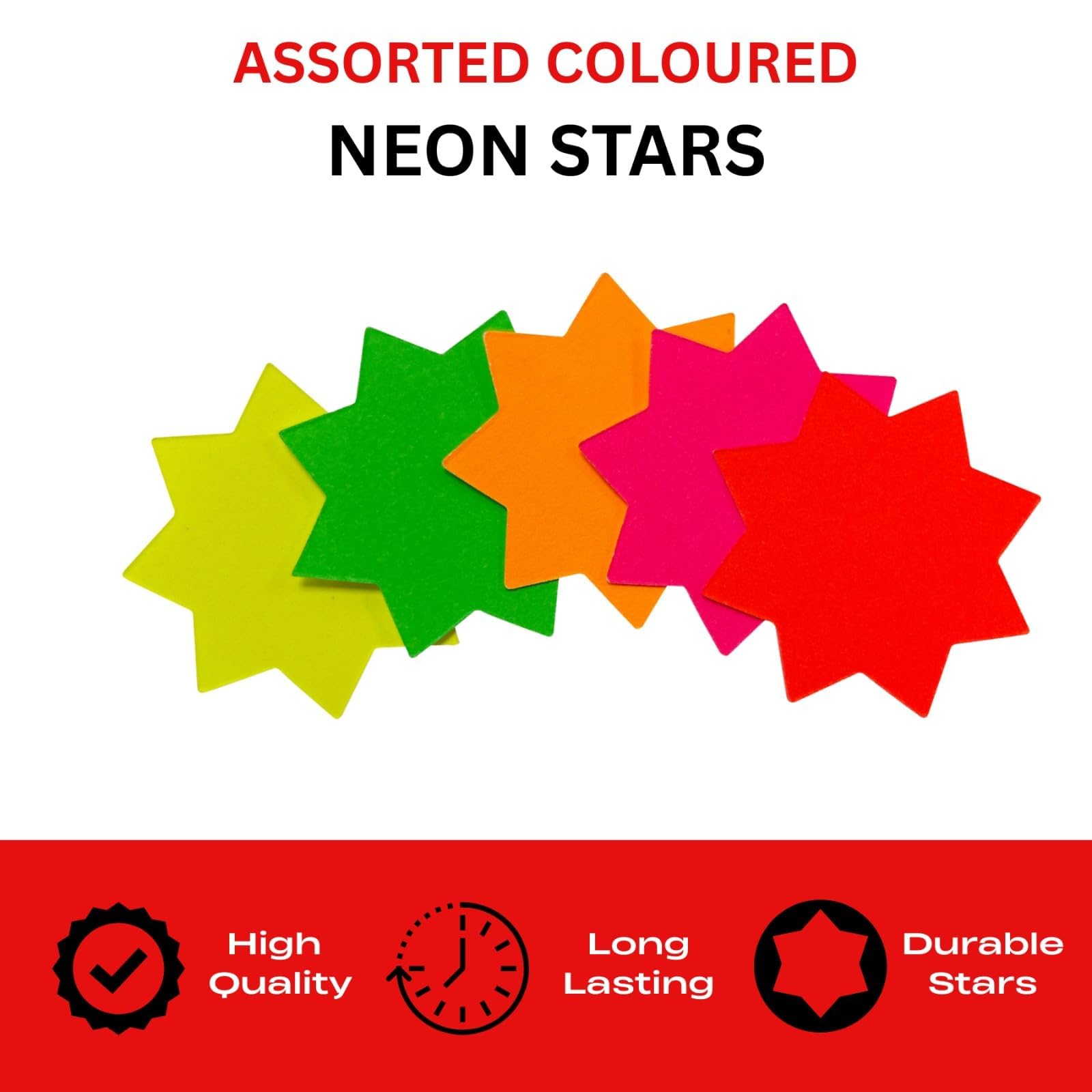 Janrax Neon Fluorescent Star Labels - Assorted Colours, 100 x 100mm | Pack of 40