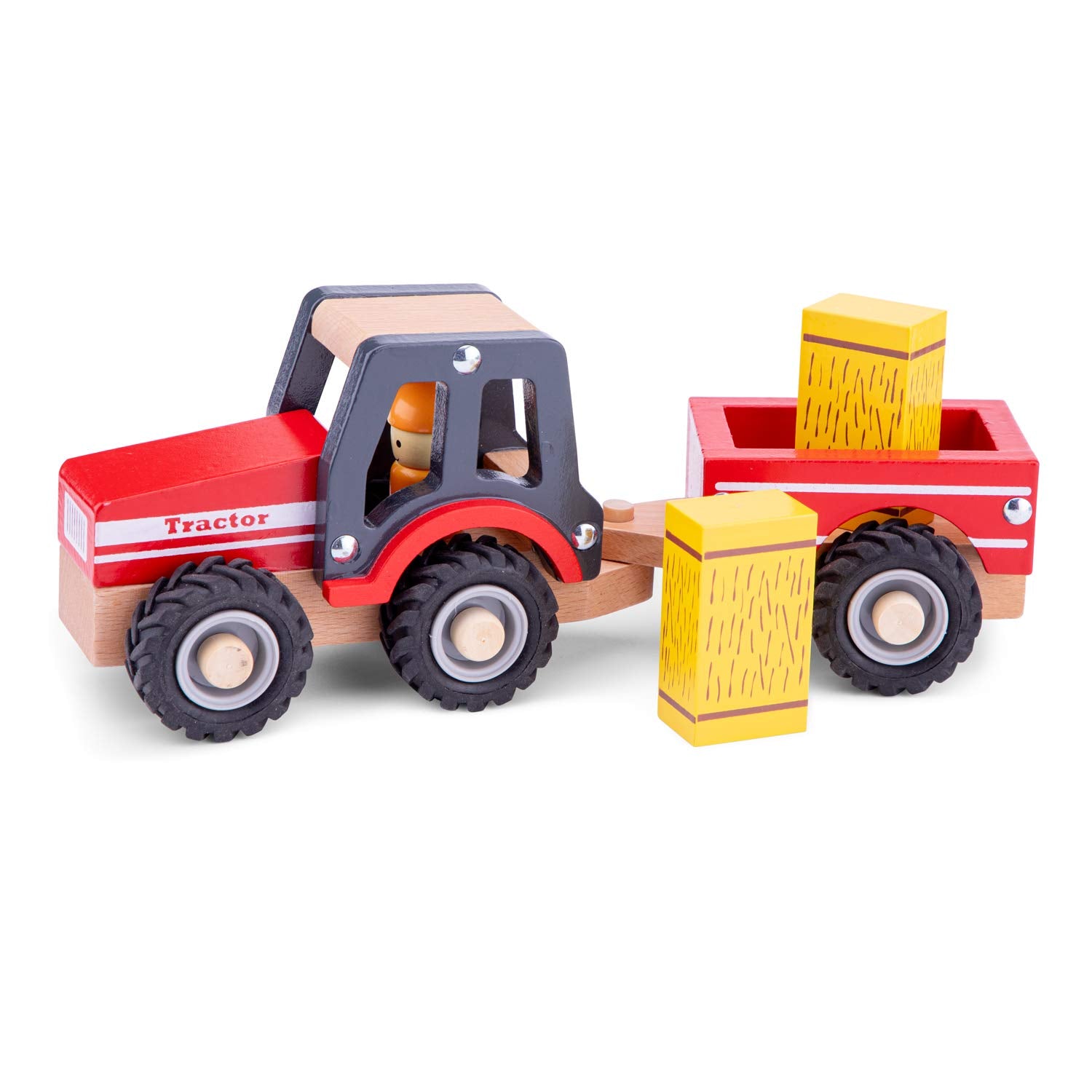 Woet Wooden Toy Tractor with Detachable Trailer & 2 Haystacks - Farm Play for Ages 18 Months+