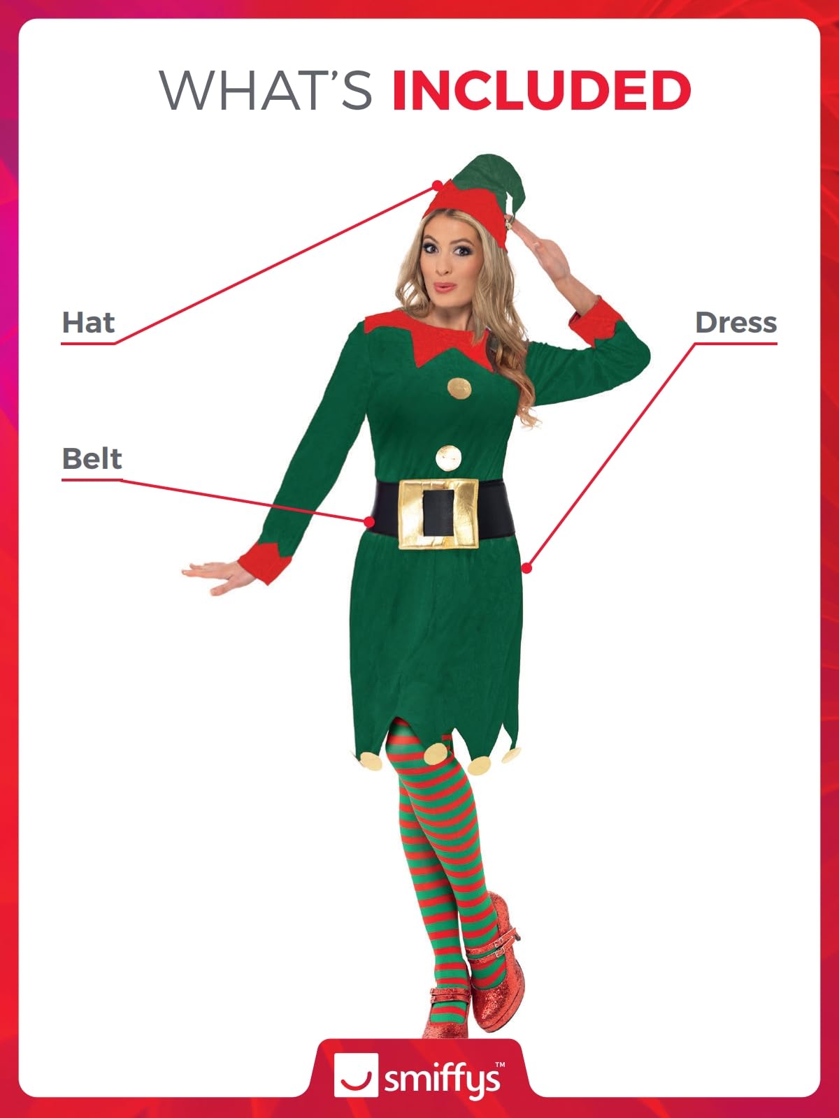 Smiffys Elf Costume - Green Dress with Hat & Belt, Adult Christmas Fancy Dress 5