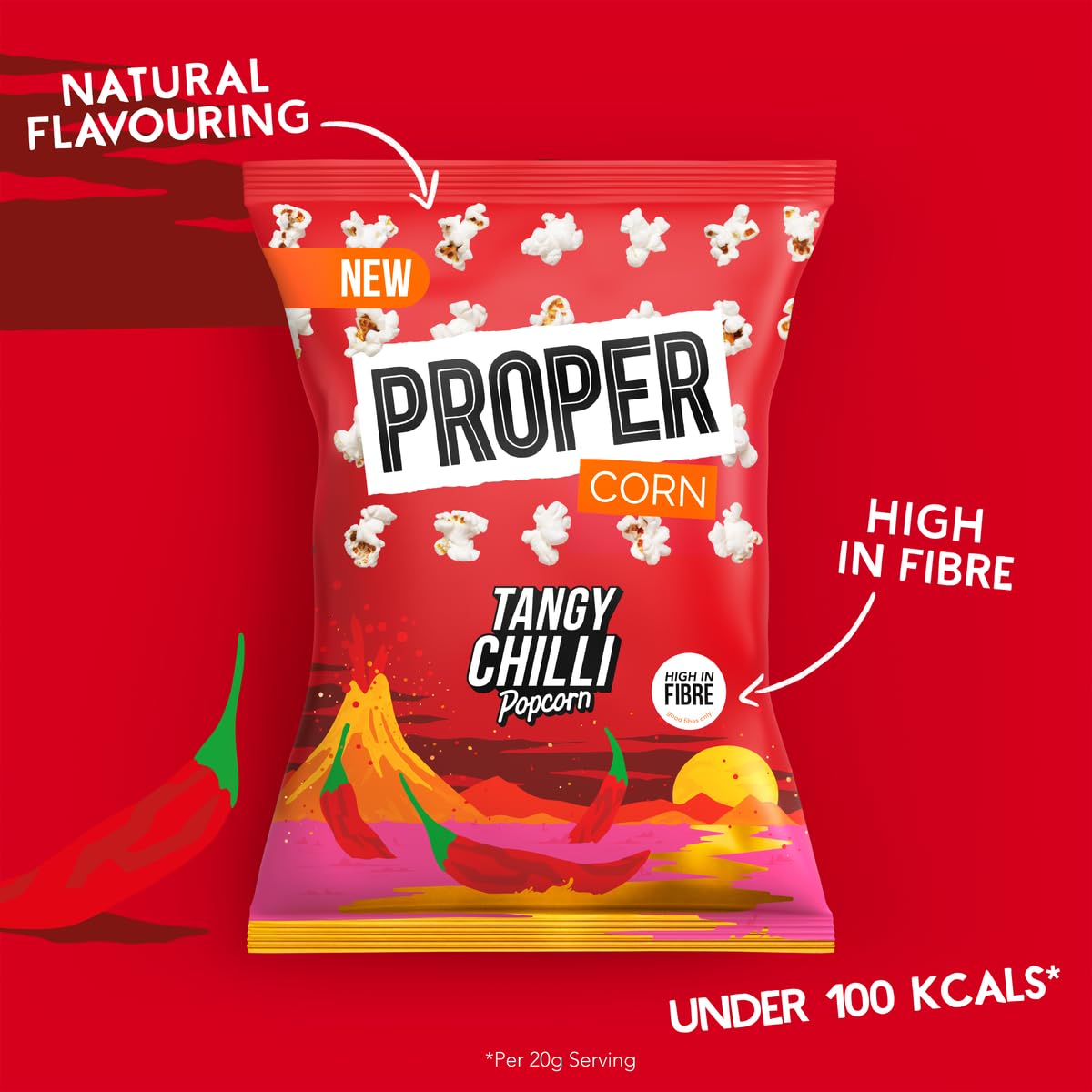 PROPER Tangy Chilli Popcorn - 8 x 70g Bags | Gluten Free, Vegan, Low Calorie Snack