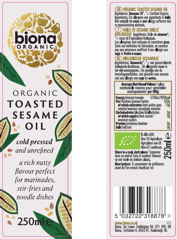 Biona Organic Toasted Sesame Seed Oil - Cold Pressed Unrefined | 250ml