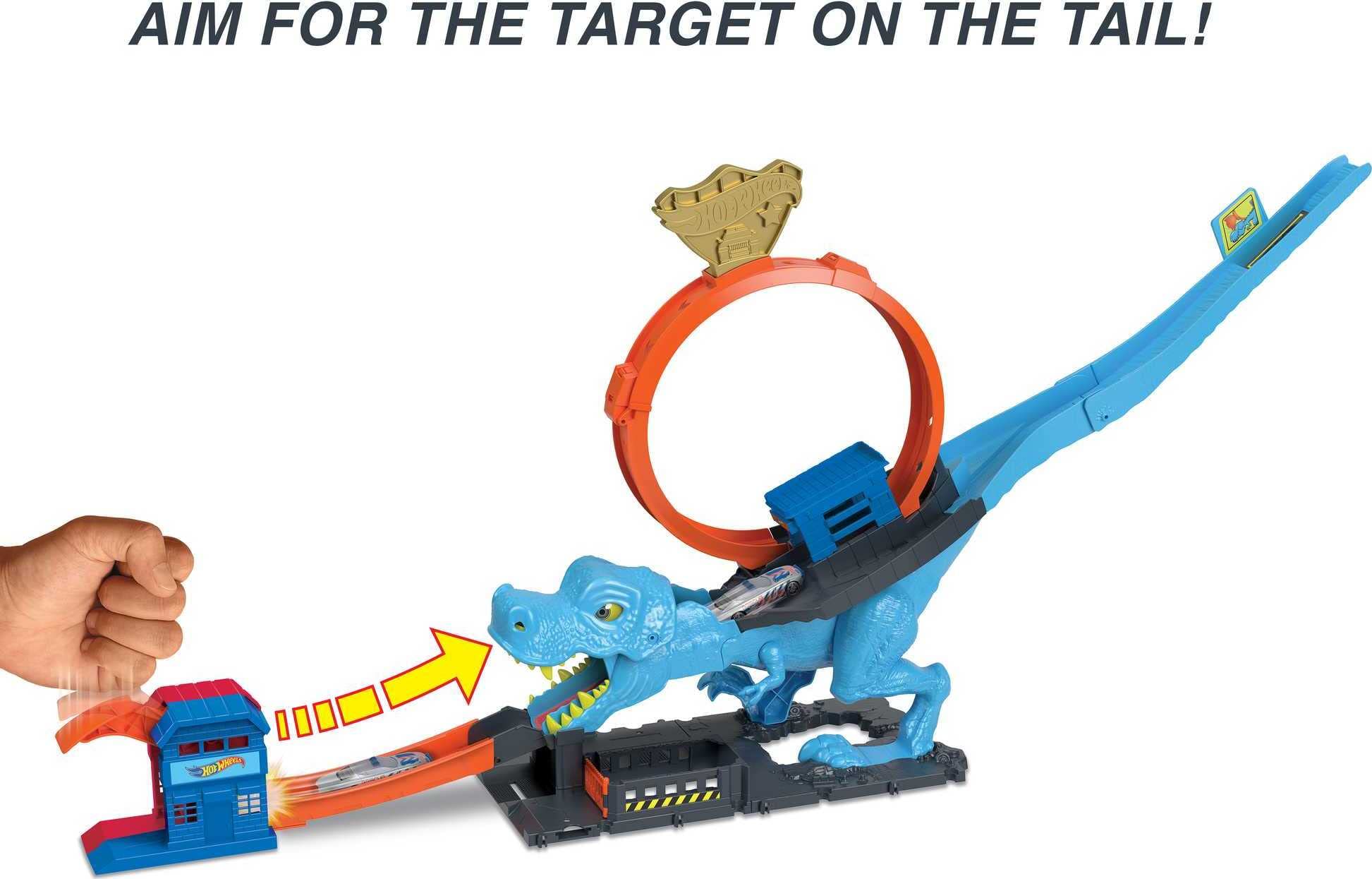 Hot Wheels City T-Rex Chomp Down Racetrack Playset - Stunt Loop with Slam Launcher & Knock-Down Dinosaur, Includes 1:64 Scale Car 2