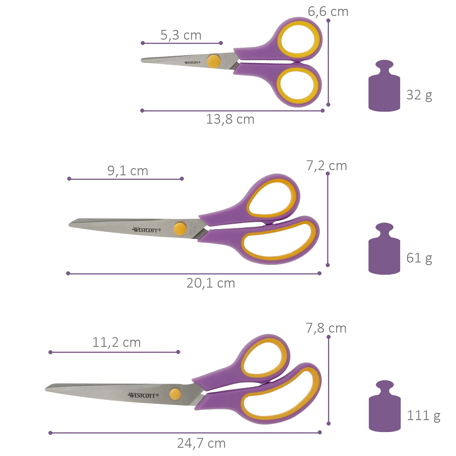 Westcott Easy Grip Scissors Set - 3 Universal Sizes (13.8, 20.1, 24.7 cm) | Titanium Technology