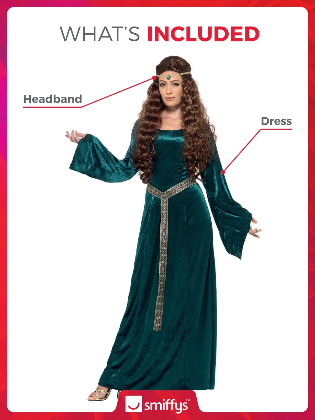 Smiffys Medieval Maid Costume - Green Dress & Headband for Adults 3