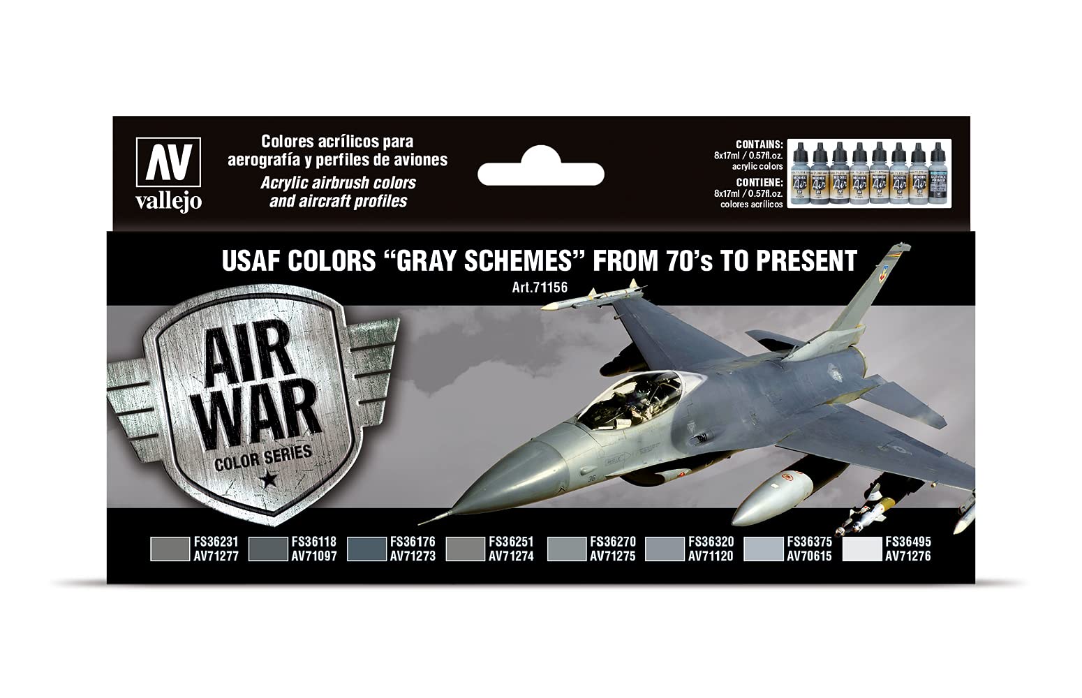 Vallejo Model Air VJ71156 USAF Grey Schemes Acrylic Paint Set - 8 Colors, 18ml Bottles
