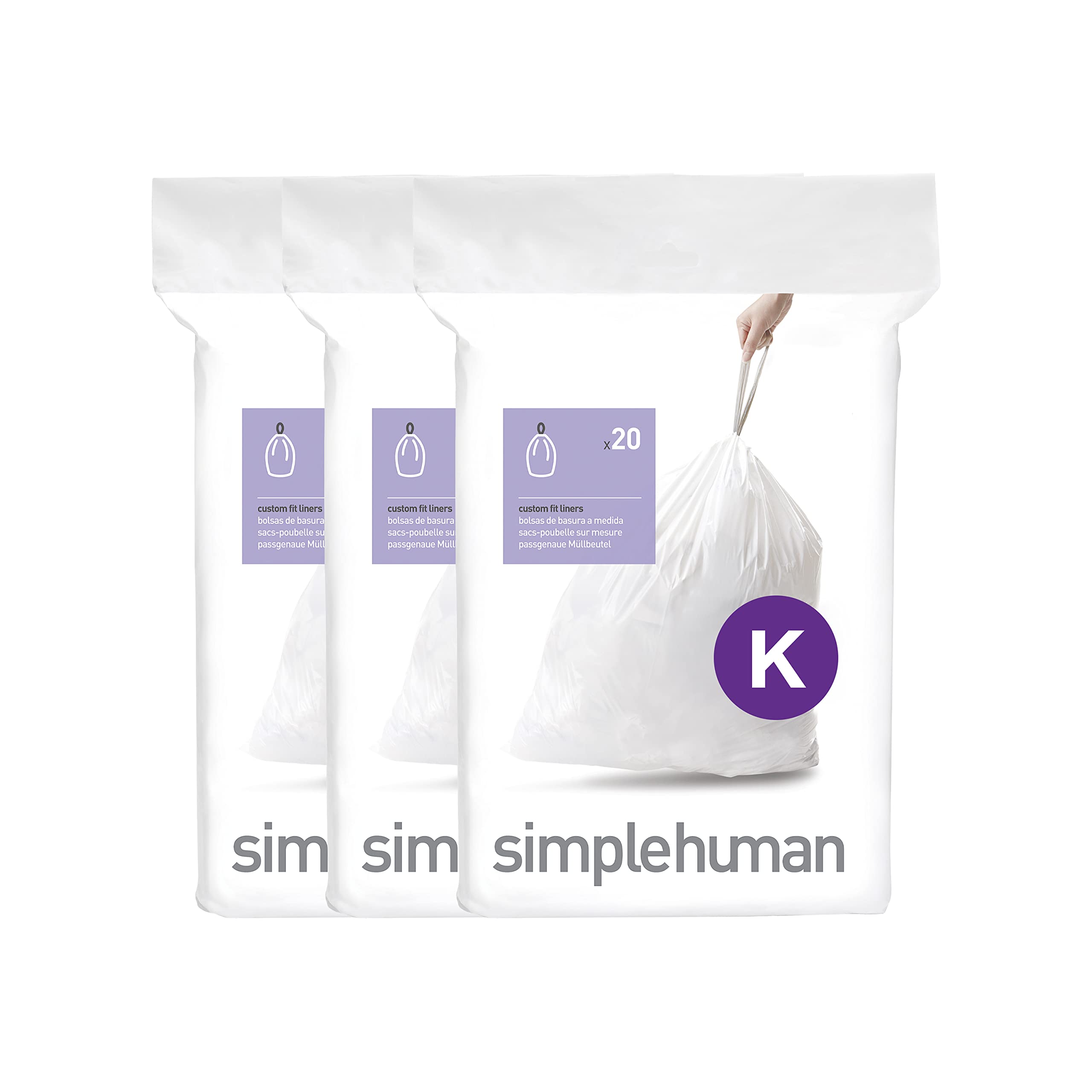 simplehuman CW0260 Code K Custom Fit Bin Liner - 40L Capacity, White Plastic, 60 Count (Pack of 3) 1