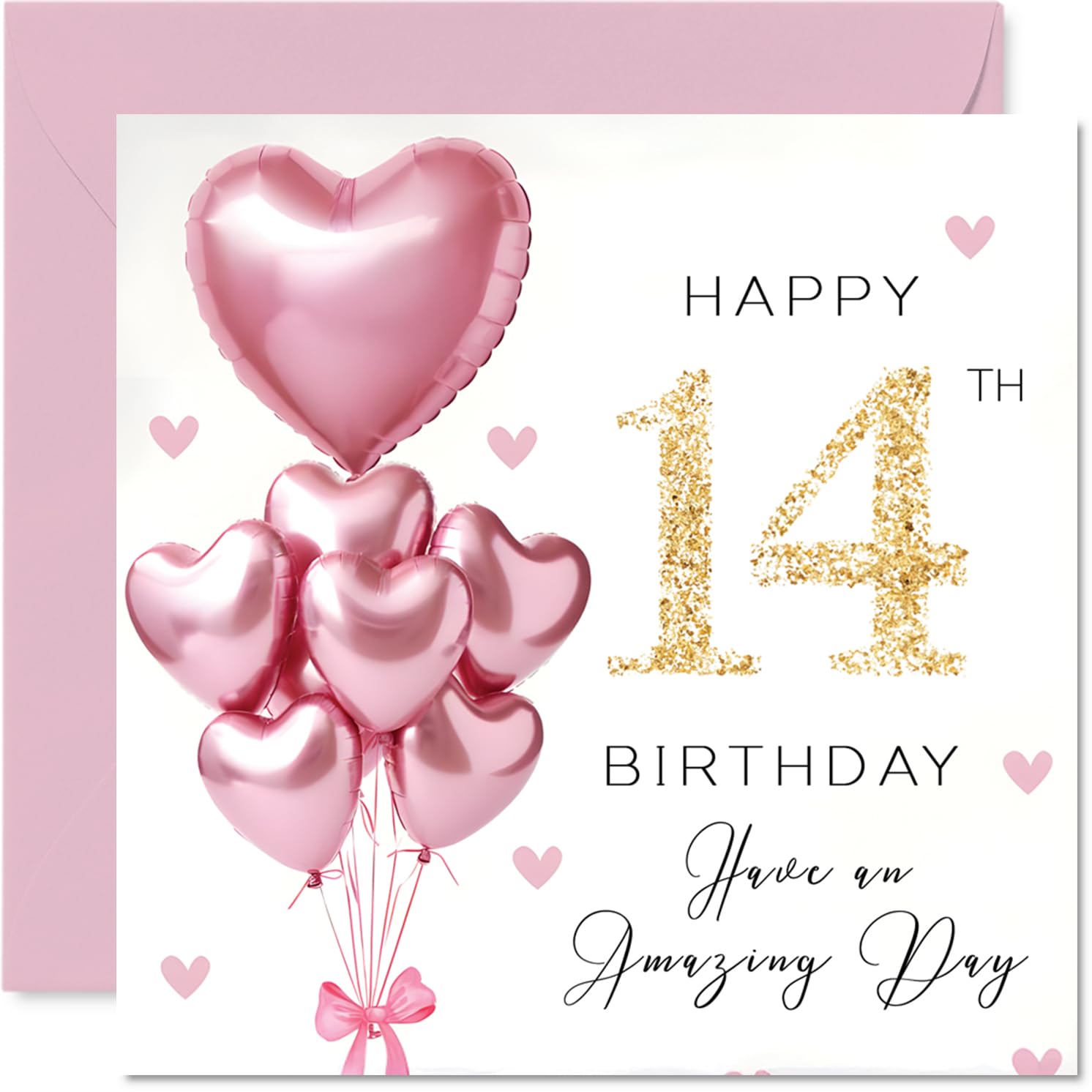 Stuff4 14th Birthday Card for Girls - Pink Glitter Balloons | 145mm Square | Blank Inside
