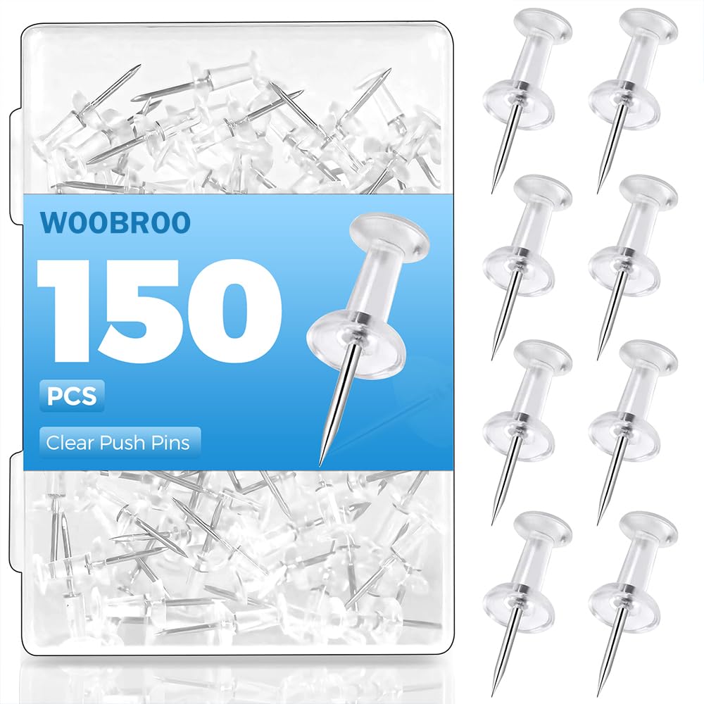 Woobroo Clear Push Pins - 150 Pcs Drawing Pins with Storage Box | Stainless Steel Needles
