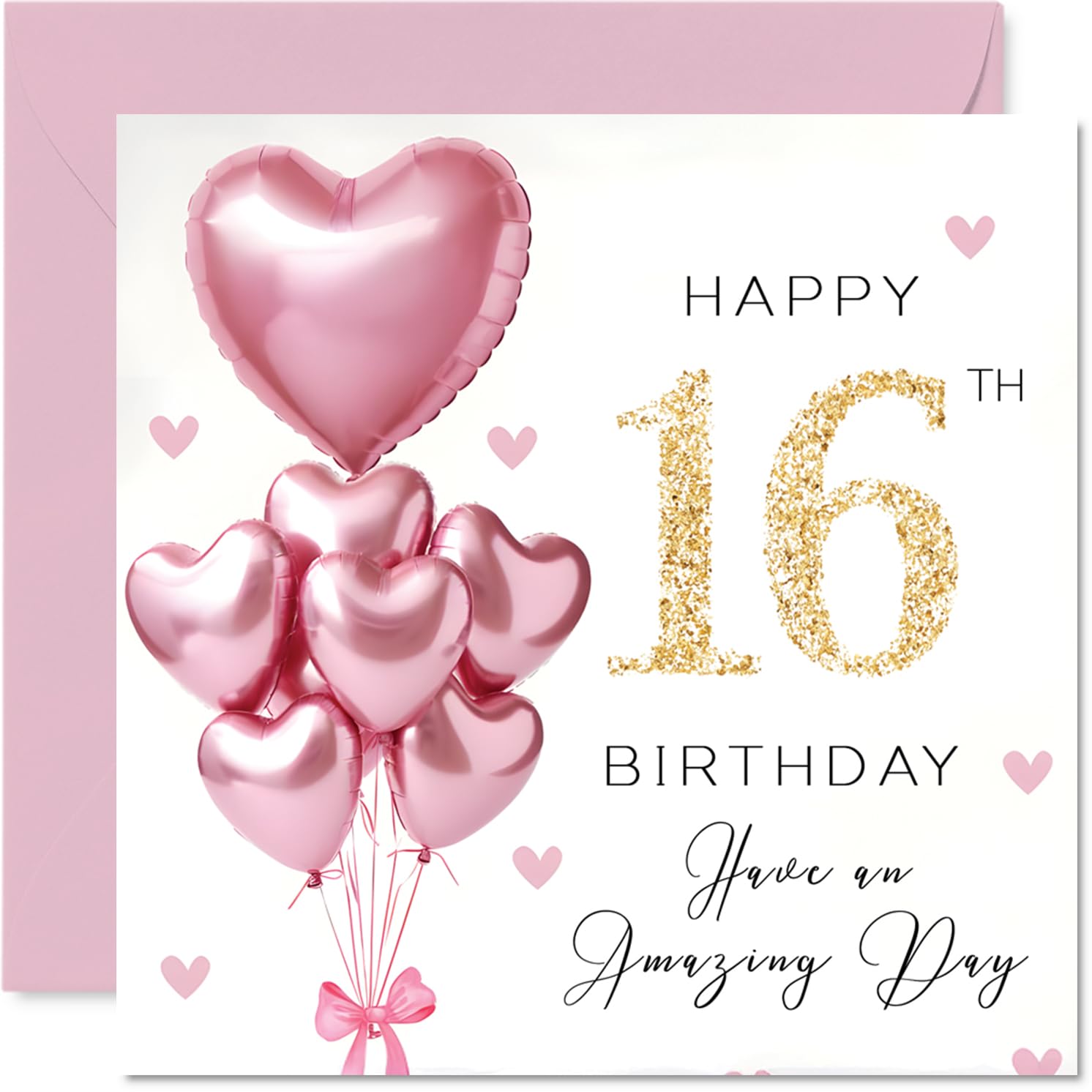 Stuff4 16th Birthday Card for Girls - Pink Glitter Balloons Design | 145mm Square