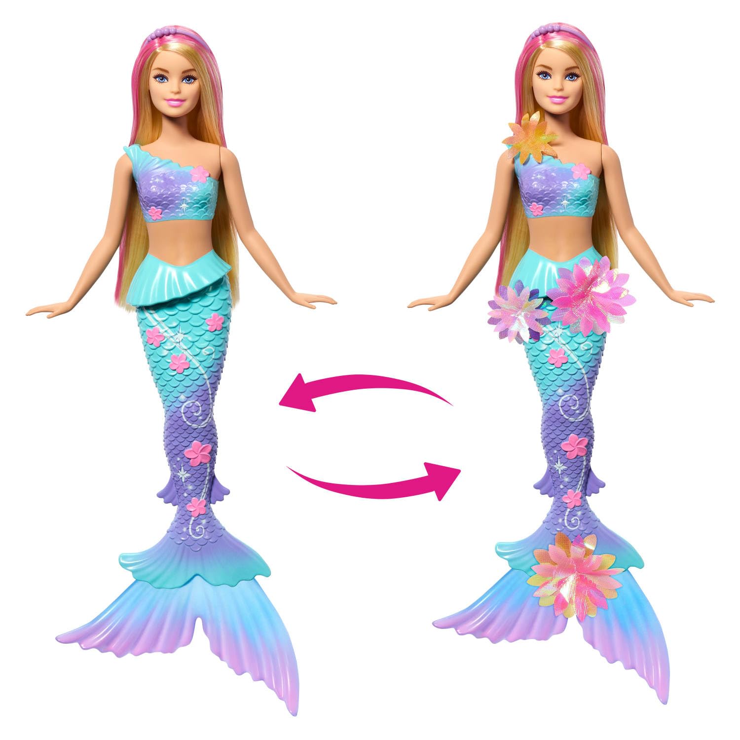 Barbie JDM72 Flower Magic Mermaid Doll with Surprise Blooming Flowers | Blonde Hair with Pink Highlights | Ages 3+ 4