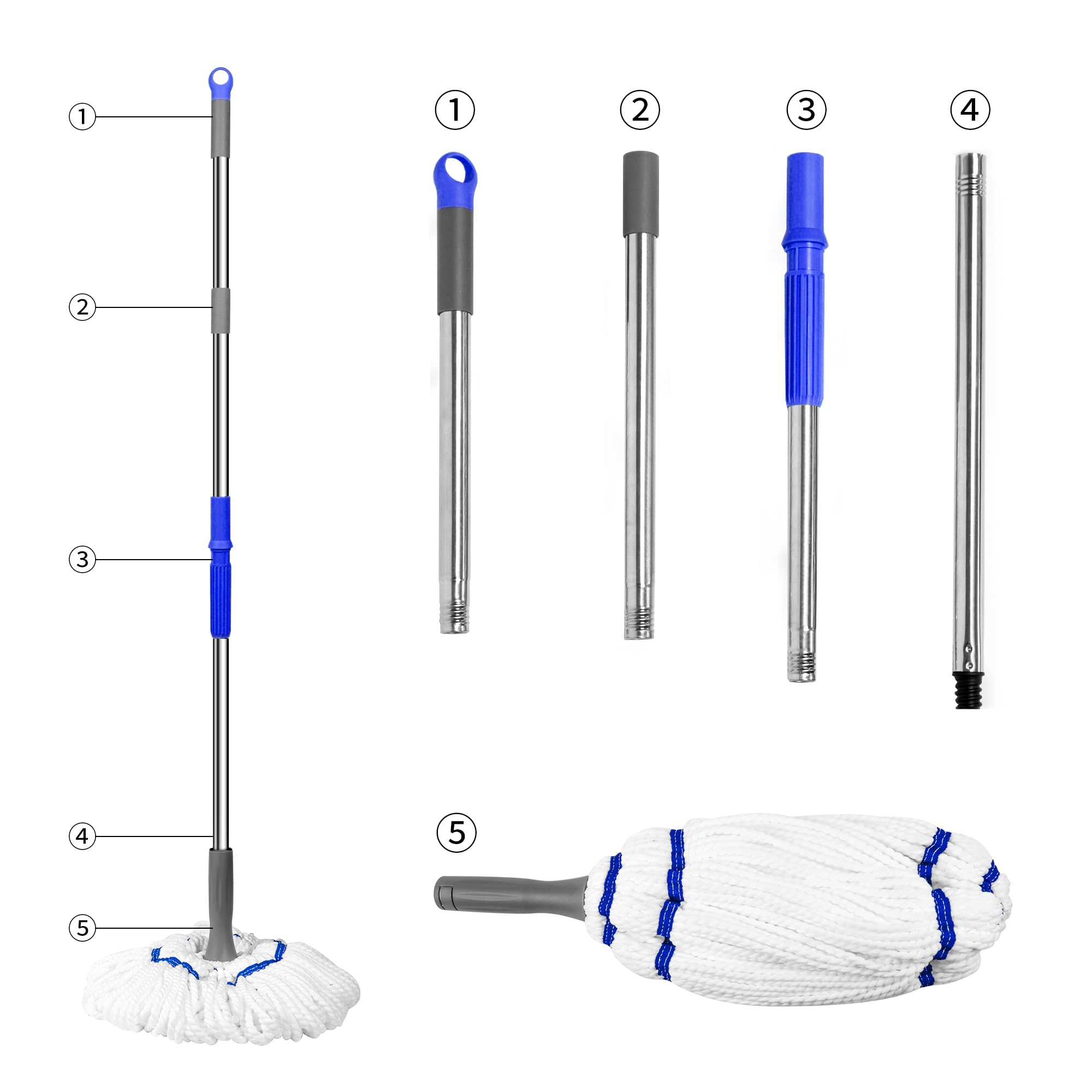 kickleen Self Wringing Flat Mop - 52.5 Inch Handle, Washable Microfiber Head, Heavy Duty Floor Cleaner